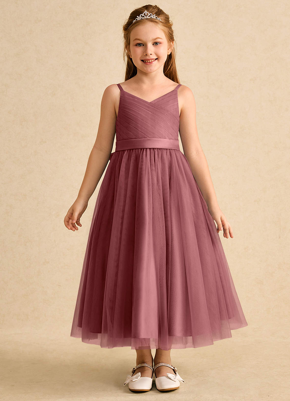 Azazie Patootie vestidos de niña de las flores Vestido de Amatista de Tul de Corte En A con Tirante Espagueti image1