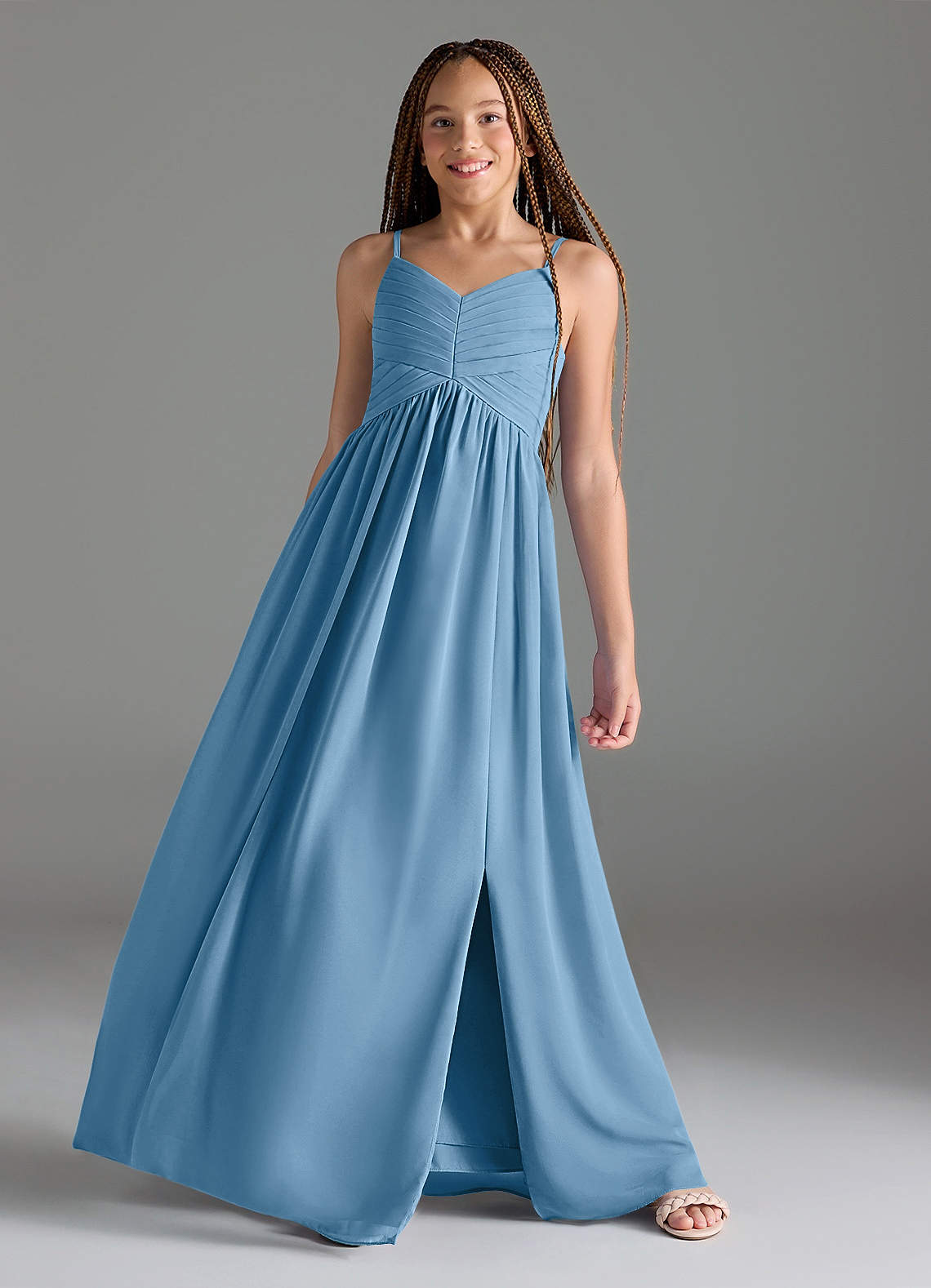 Azazie Alia Junior Jurk van Chiffon met A-Lijn Geplooid Staal Blauw image1