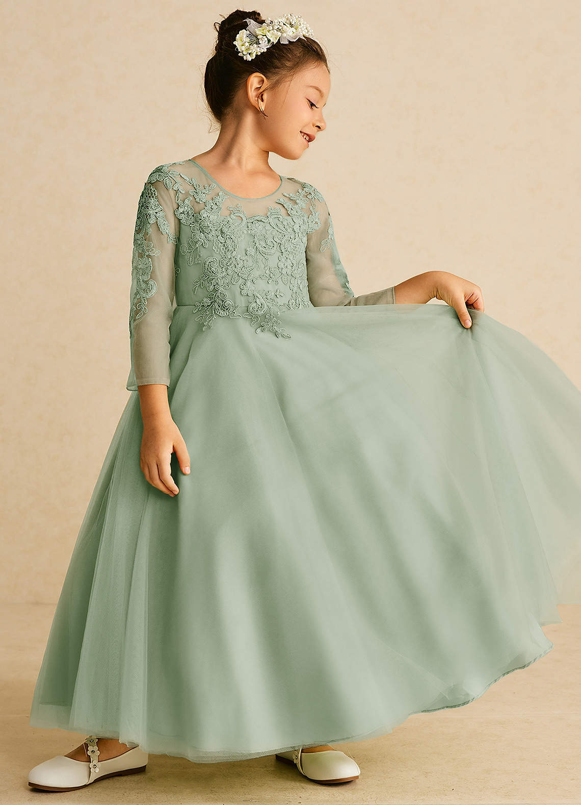 Azazie Precious Flower Girl Dresses Dusty Sage A-Line Lace Tulle Dress image1