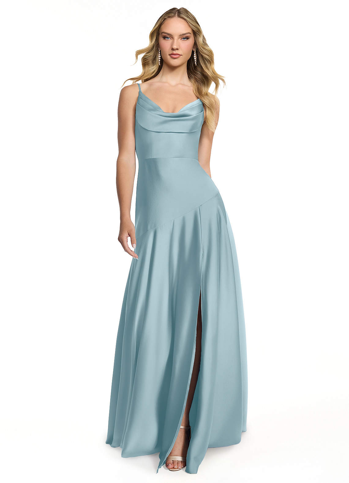 Azazie Kayla Bridesmaid Dresses Moody Blue Sheath Side Slit Stretch Satin Dress image1