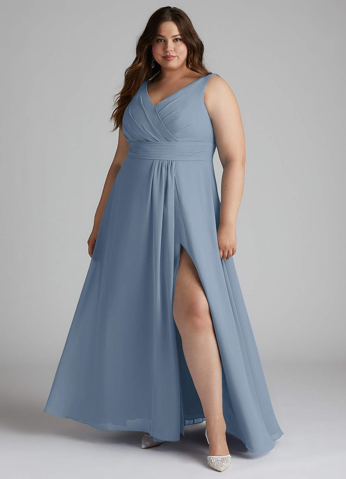 Azazie Karina Bridesmaid Dresses Dusty Blue A-Line Pleated Chiffon Dress image1