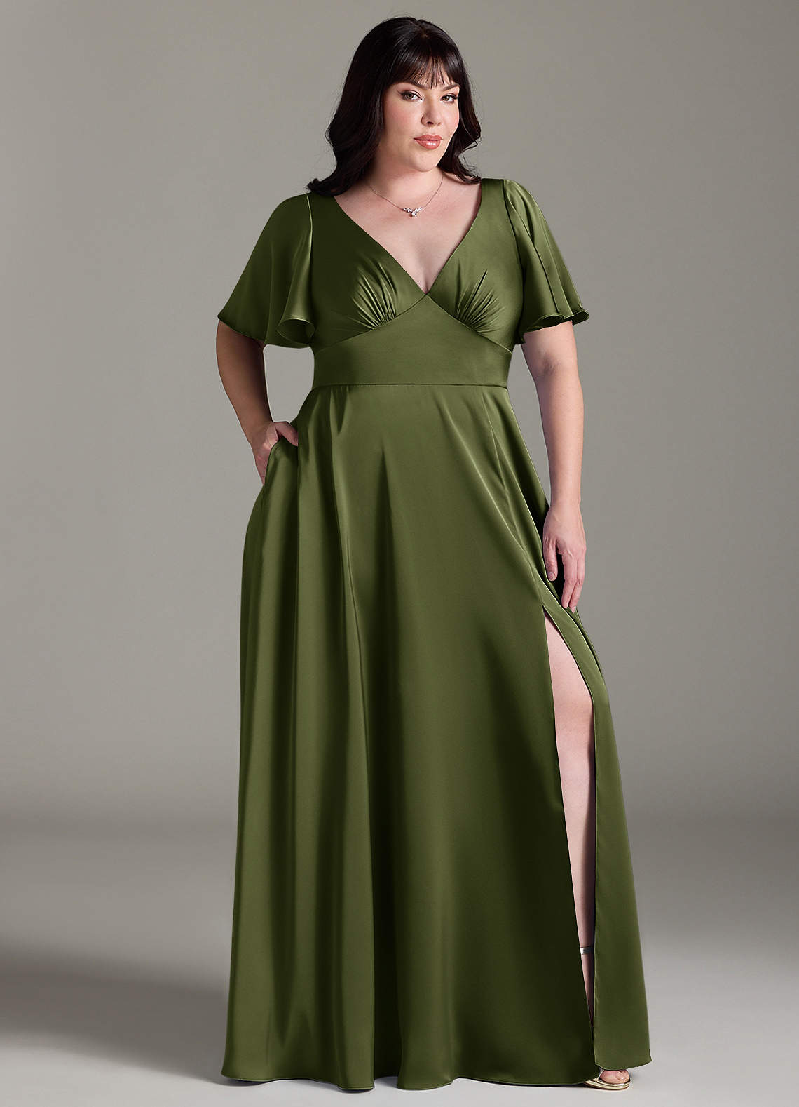 Azazie Kimber Bridesmaid Dresses Olive A-Line Ruched Stretch Satin Dress image8