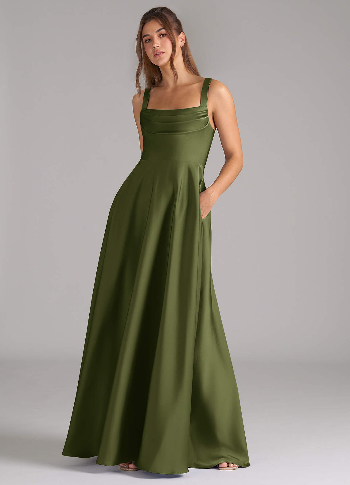 Azazie Shaude Bridesmaid Dresses Olive A-Line Pleated Stretch Satin Dress image3