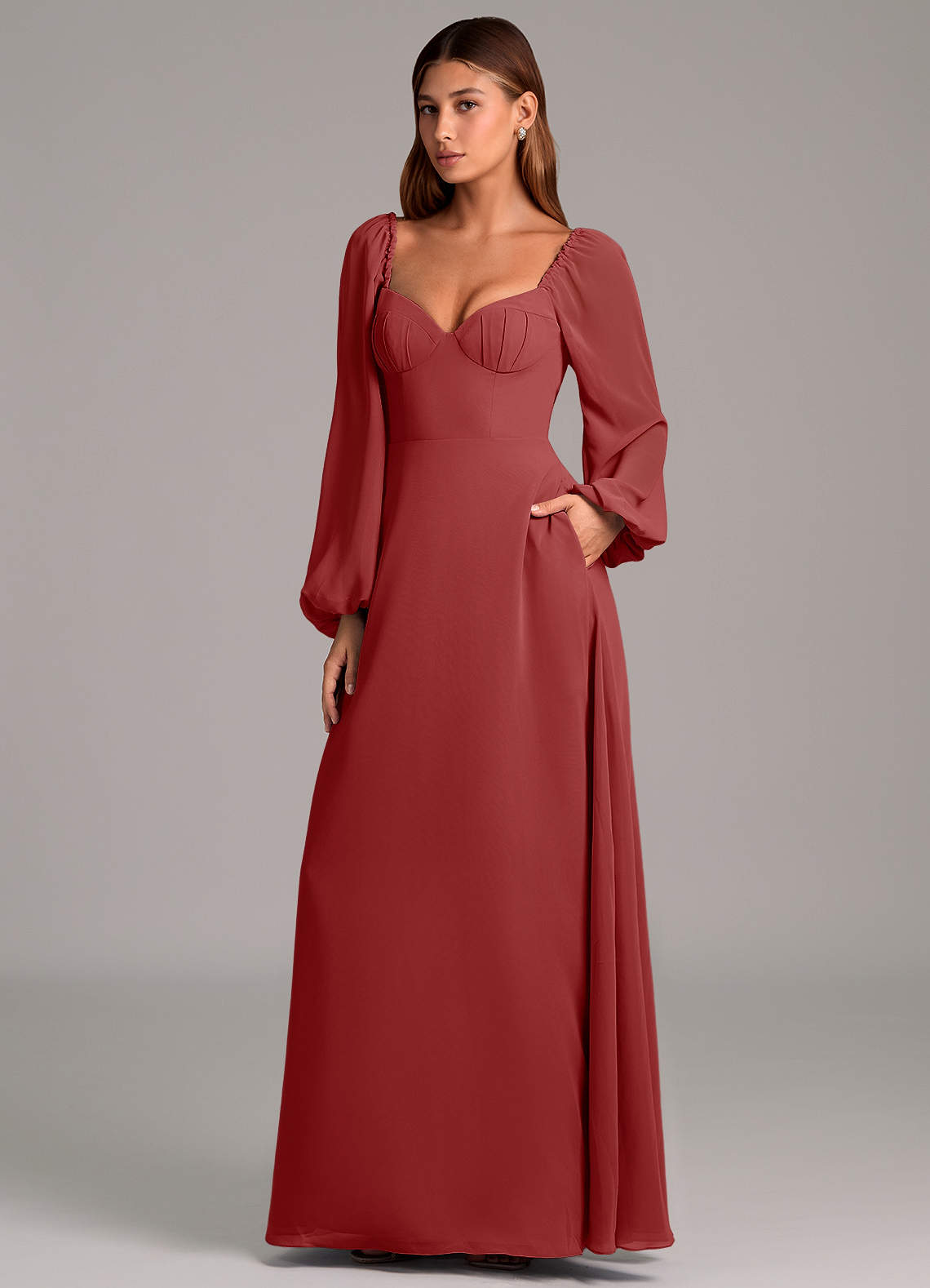 Azazie Annistyn 신부 들러리 드레스 A라인 긴팔 쉬폰 바닥 길이 드레스 image1