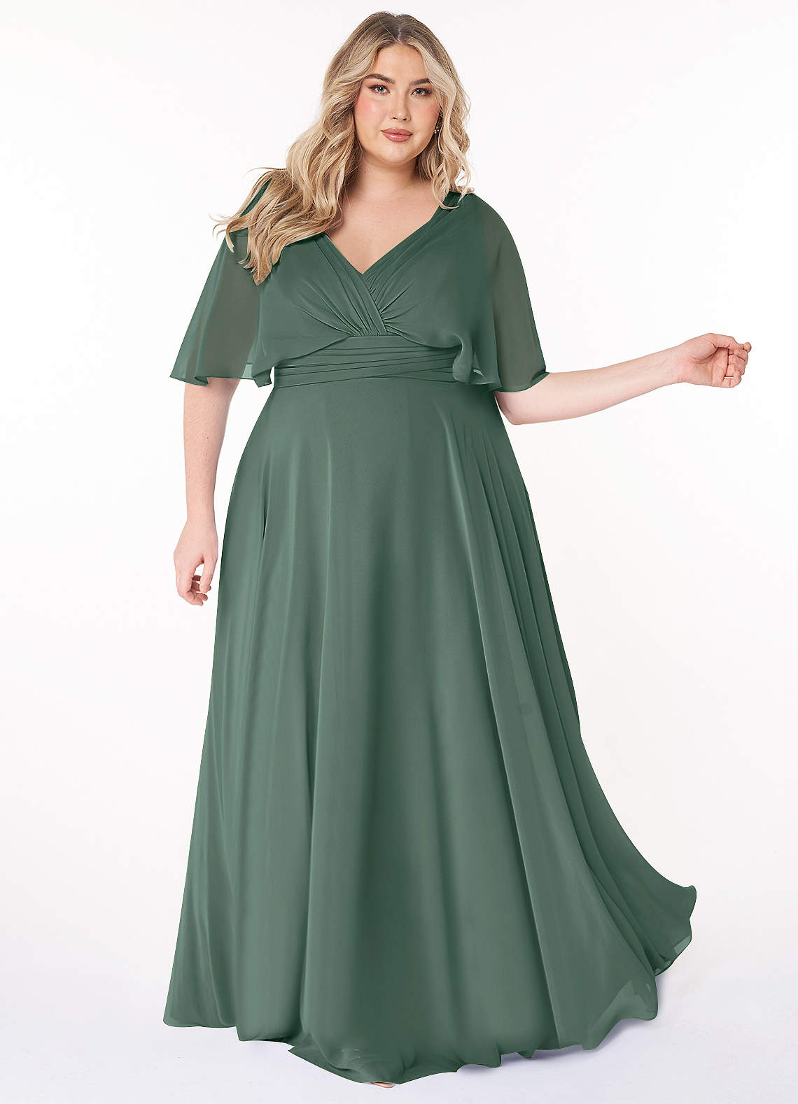 Azazie Pamela At-home Try On Dresses Dusty Blue A-Line V-Neck Pleated Chiffon Dress image7