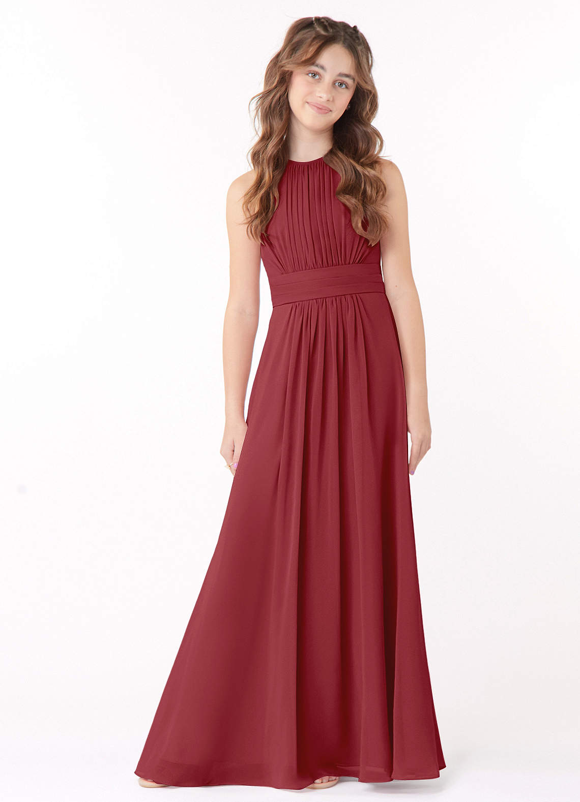 Azazie Bonnie Junior Pomegranate A-Line Pleated Chiffon Dress image1