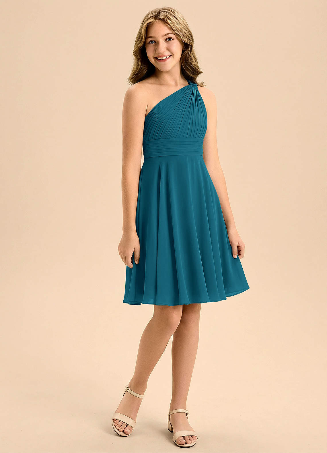 Azazie Charlize Junior A-Line Plisseret Chiffon Mini Junior brudepige Kjole image2