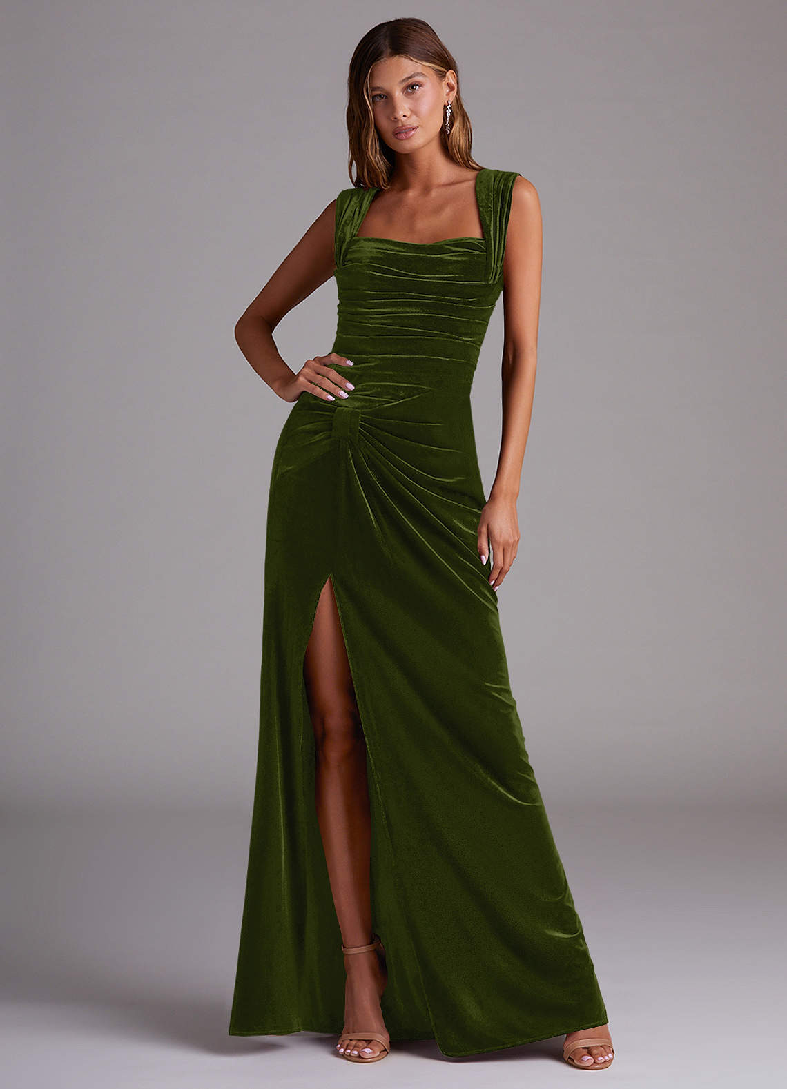 Azazie Genesis Bridesmaid Dresses Olive Sheath Pleated Velvet Dress image1