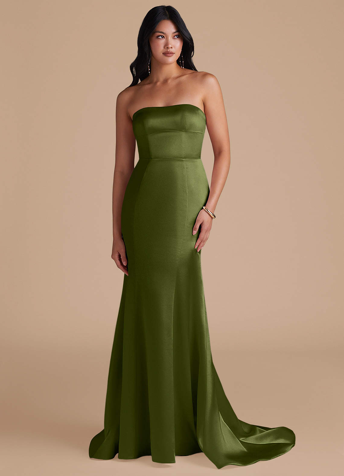 Azazie Aura Brautjungfernkleider Wandelbar Meerjungfrau-Linie Convertible Metallischer Satin Kleid Olivgrün image1