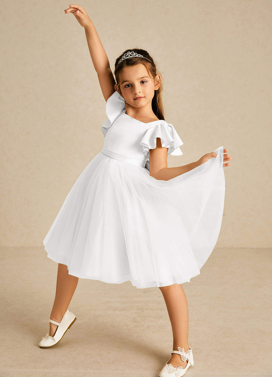 Azazie Kaeya Flower Girl Klänningar Klä A-Linje i Tyll Rosett image1