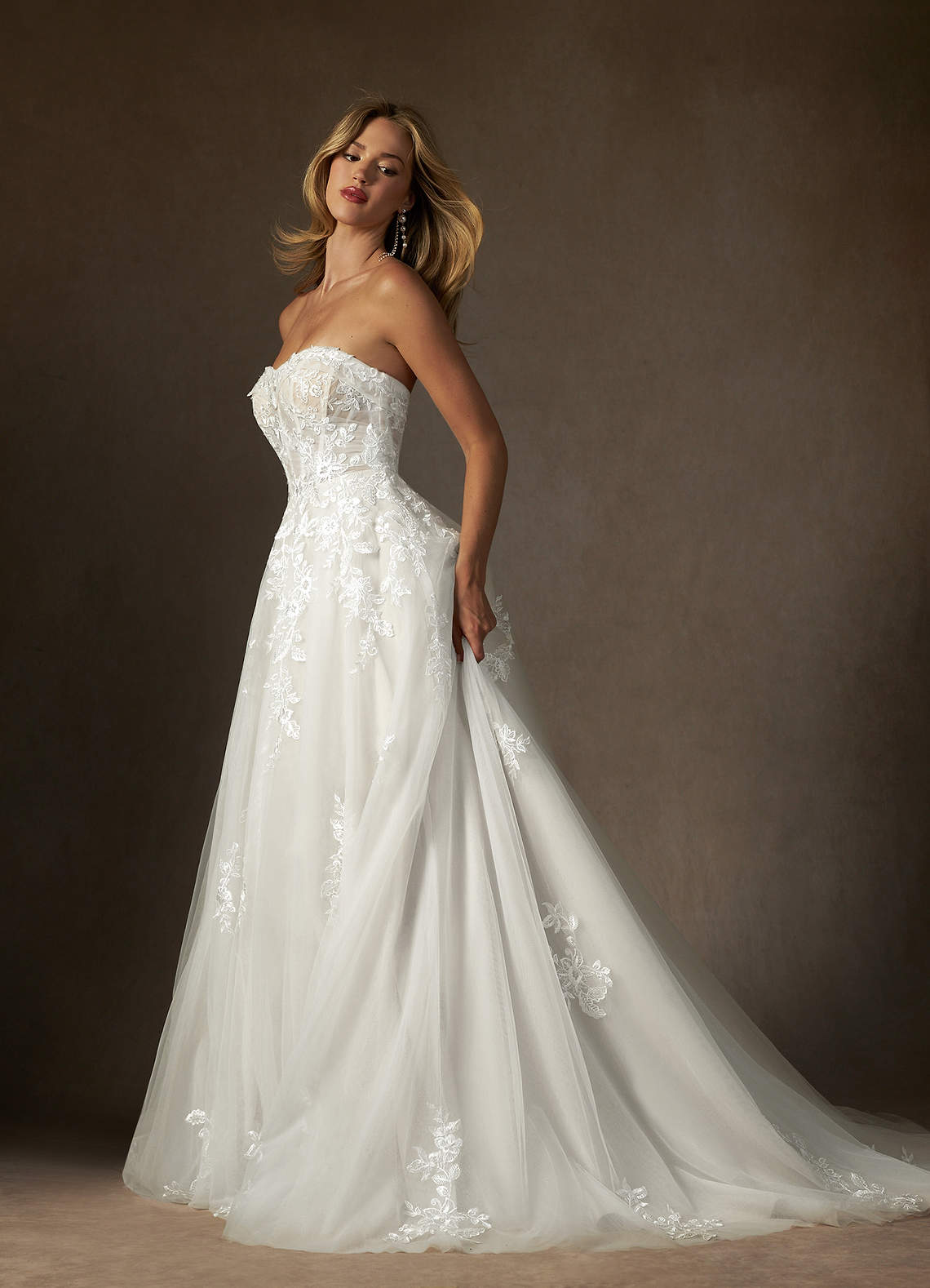 Azazie Keri At-home Try On Dresses Diamond White Ball-Gown Strapless Lace Dress image6