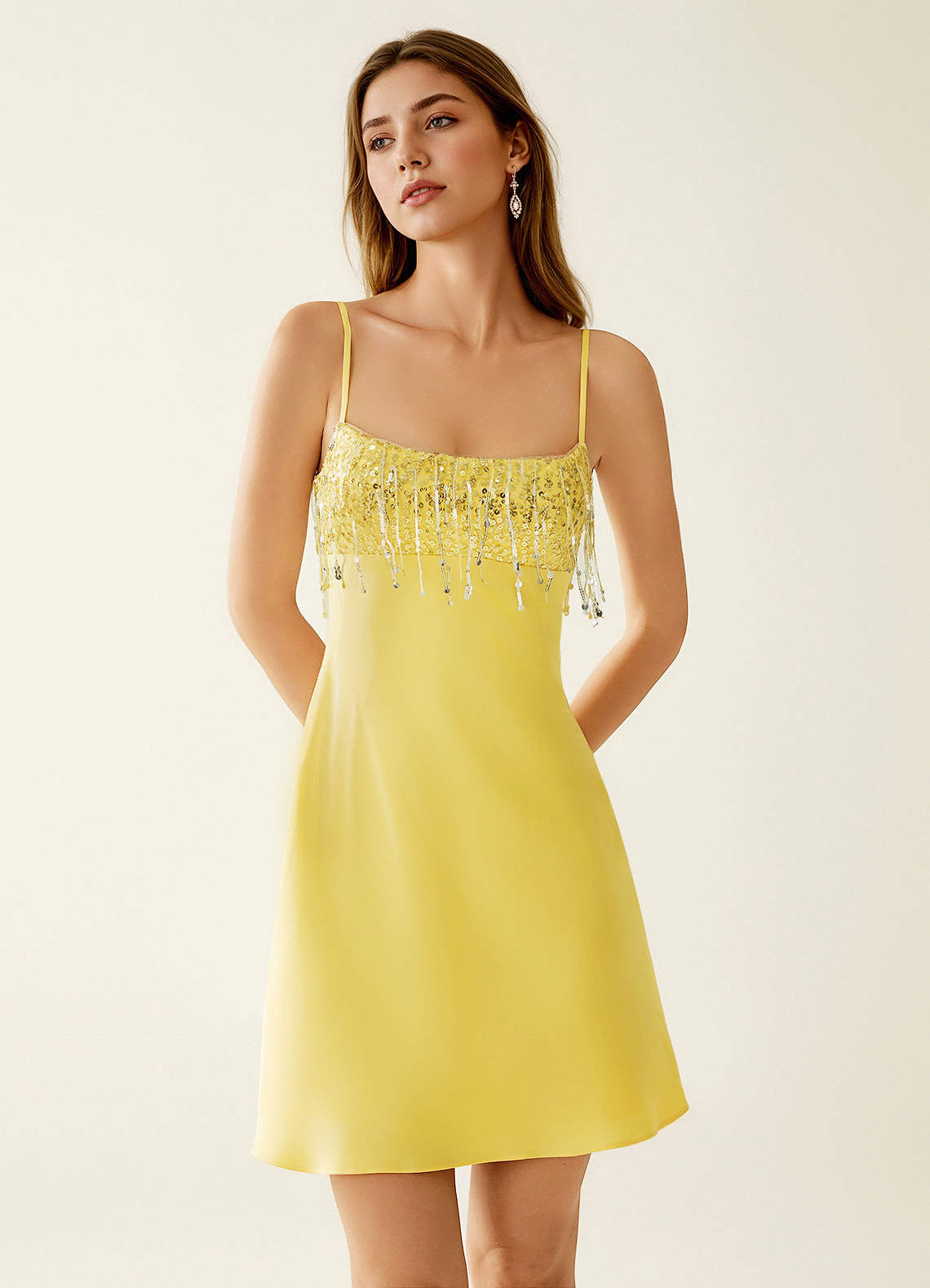 SeJone Light Yellow A-Line Sequin Fringe Satin Mini Dress