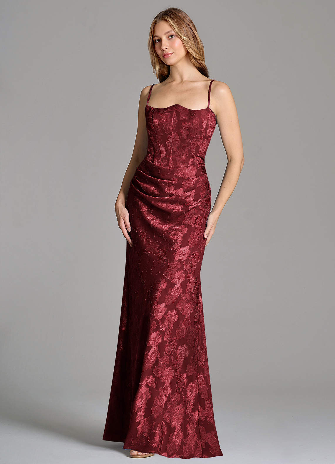 Azazie Ezrena Vestidos de madrinha de casamento Vestido Cabernet de Esgotamento Floral de sereia com Sem alças image5