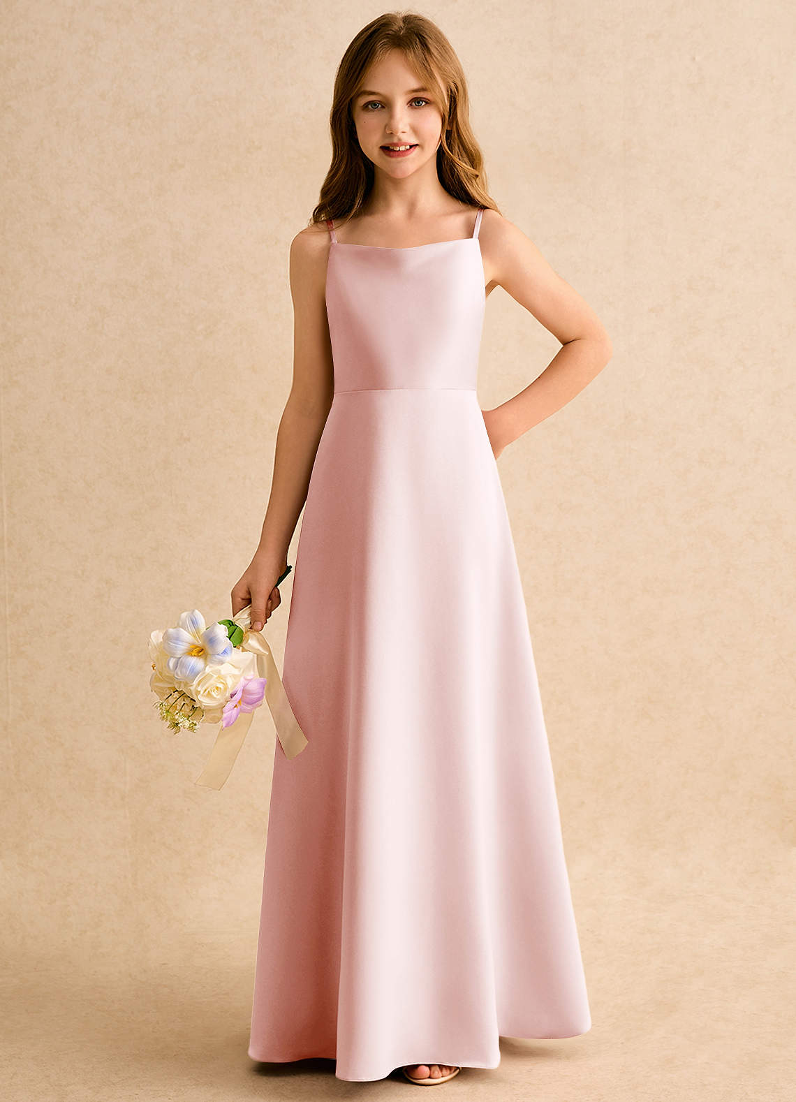 Azazie Joella Girls Formal Kukkatyttöjen mekot A-linja Pliseerattu Matta satiini Lattian pituus Pukeutua image5