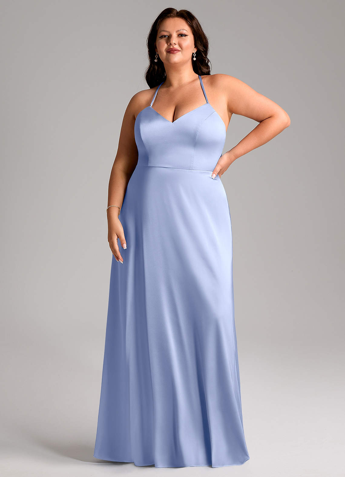 Azazie Mei Bridesmaid Dresses Ice A-Line V-Neck Stretch Satin Dress image1