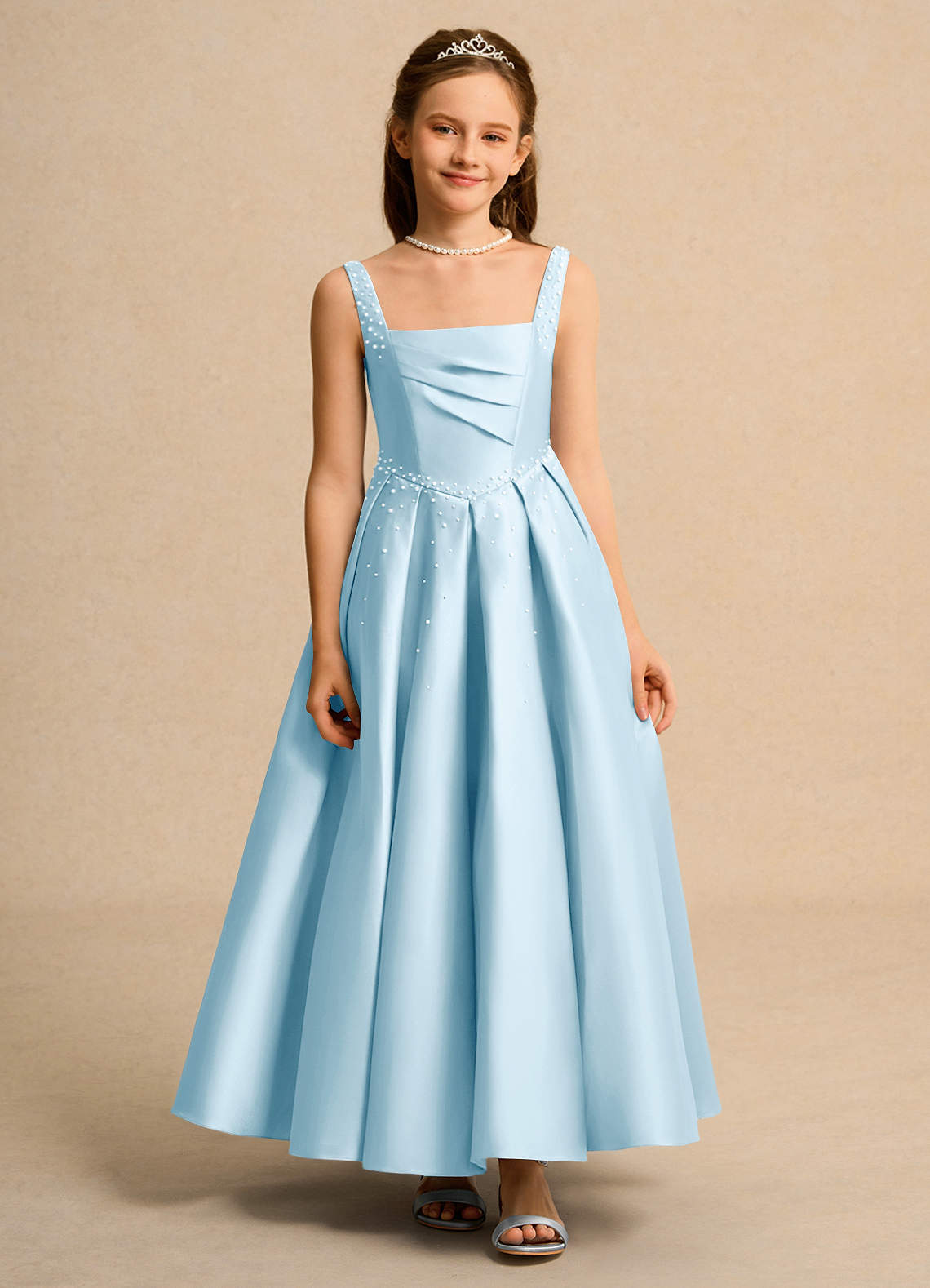 Azazie Mochi Girl Blumenmädchenkleider Ballkleid Plissee Matte Satin Kleid Himmelblau image1