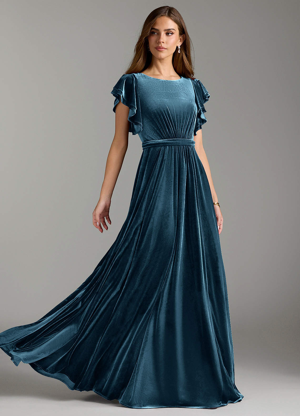 Azazie Daphne Modest Bridesmaid Dresses A-Line Velvet Floor-Length Dress with Belt image1