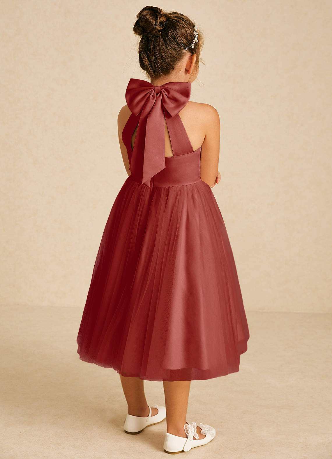 Azazie Dora Flower Girl Dresses Terracotta A-Line Bow Tulle Dress image1
