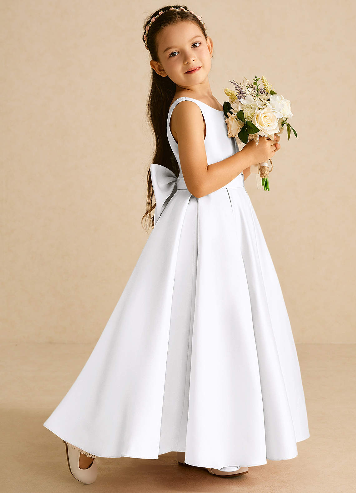 Azazie Pipsy Flower Girl Dresses White A-Line Bow Matte Satin Dress image2