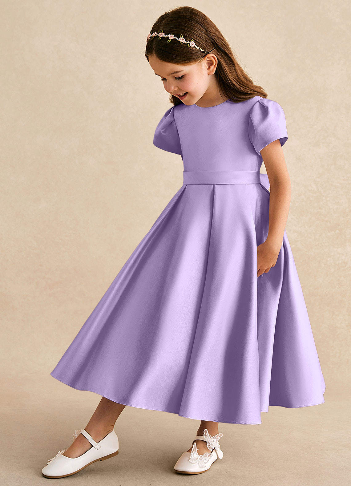 Azazie A-Line/Princess Scoop Neck Tea-Length Matte Satin Flower Girl Dresses - Lilac Azazie A-Line/Princess Scoop Neck Tea-Length Matte Satin Flower Girl Dresses - Lilac
