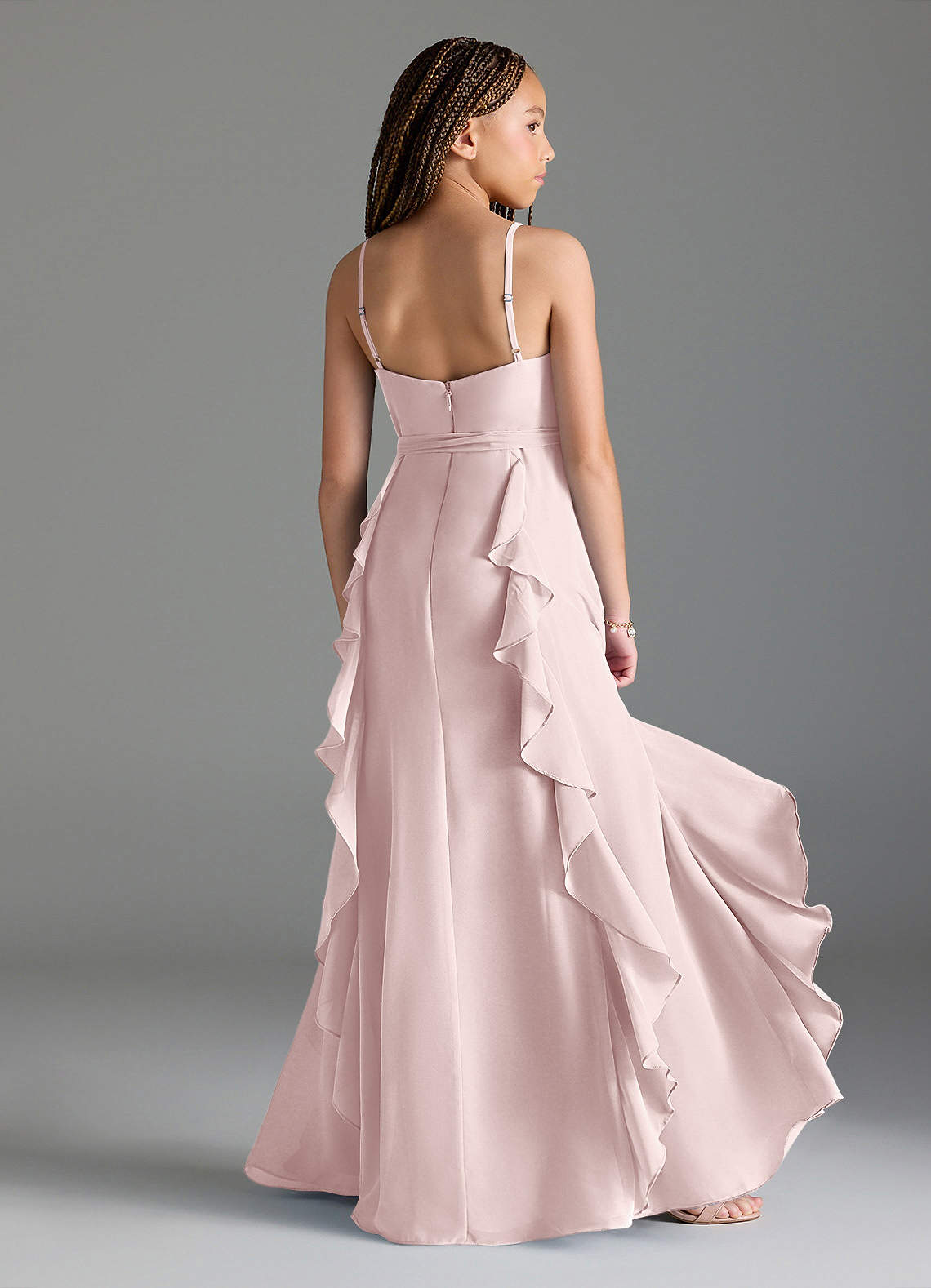 Azazie Peyton Junior Blushing Pink A-Line V-Neck Cascading Ruffles Chiffon Dress image1