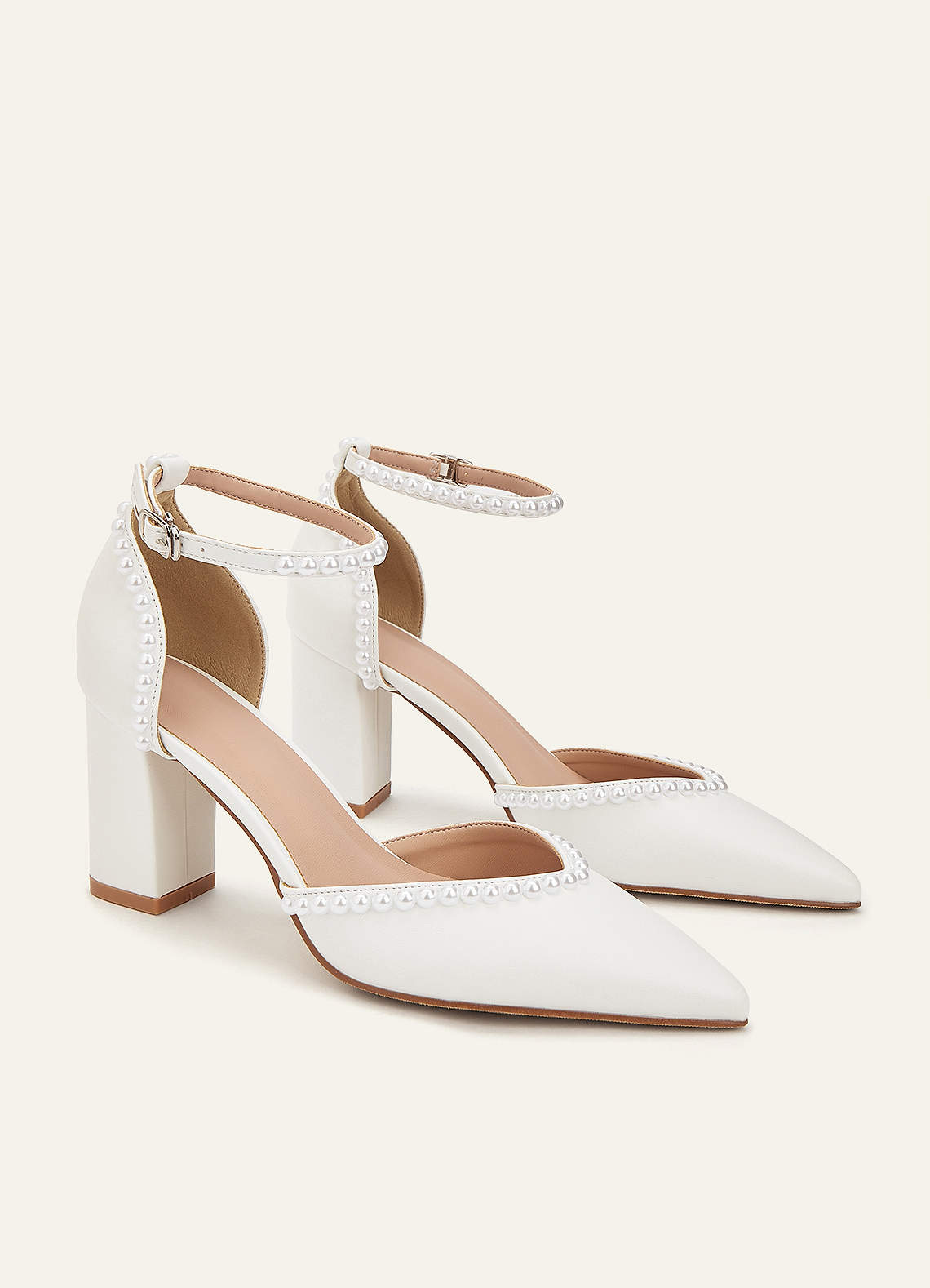 front Pearl Embellished Chunky Block Heel Pumps Closed Toe Wedding Shoes