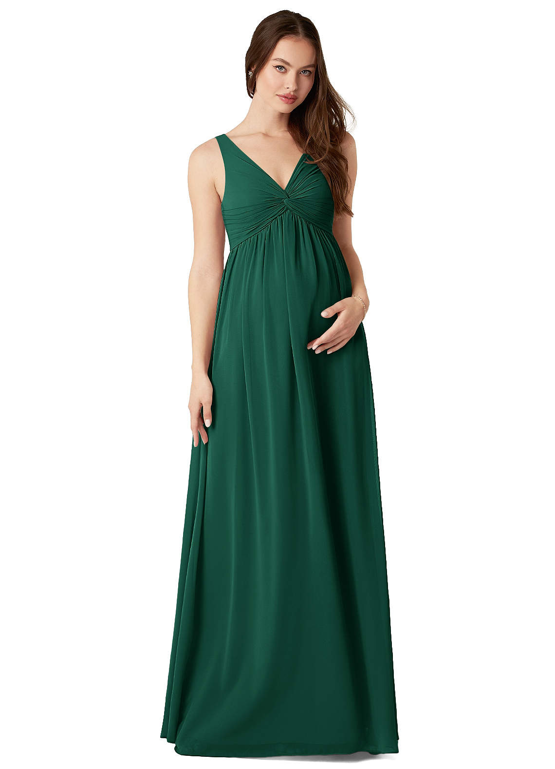 Azazie Yetta vestidos de dama de honor de maternidad Vestido de Corte En A Cuello en V fruncido Hasta el suelo Gasa image1