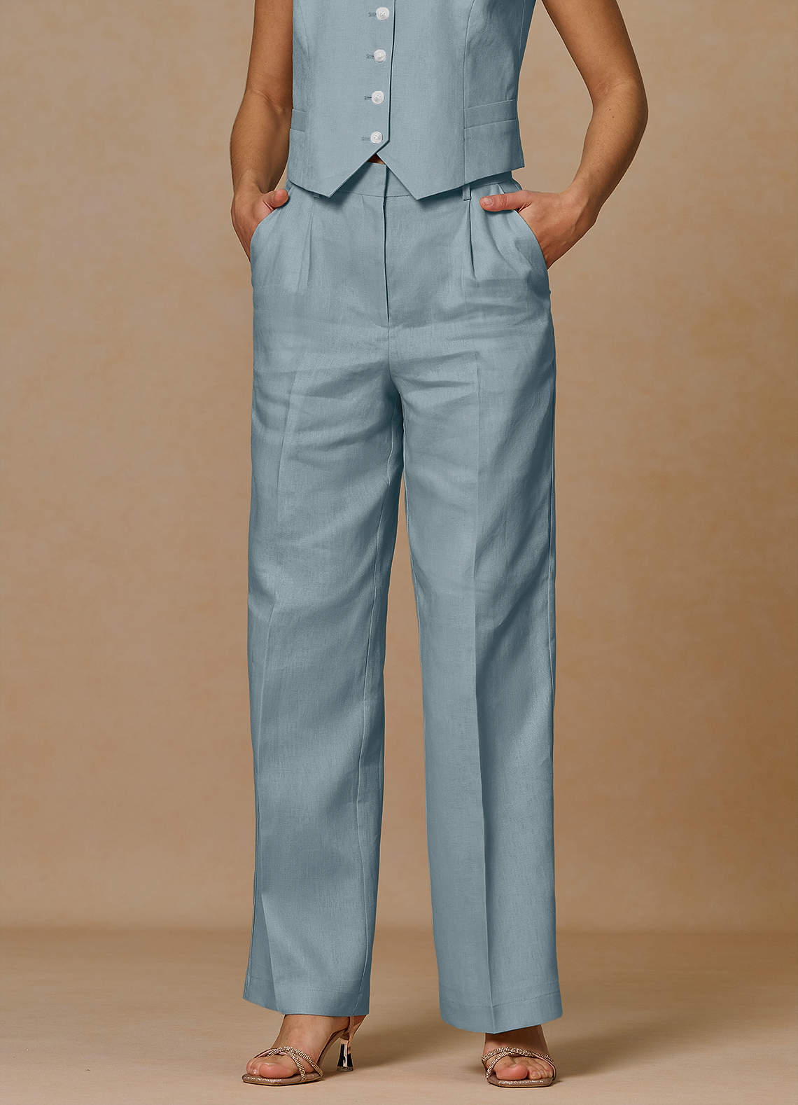 front Belicia Dusty Blue 100% Linen Pants