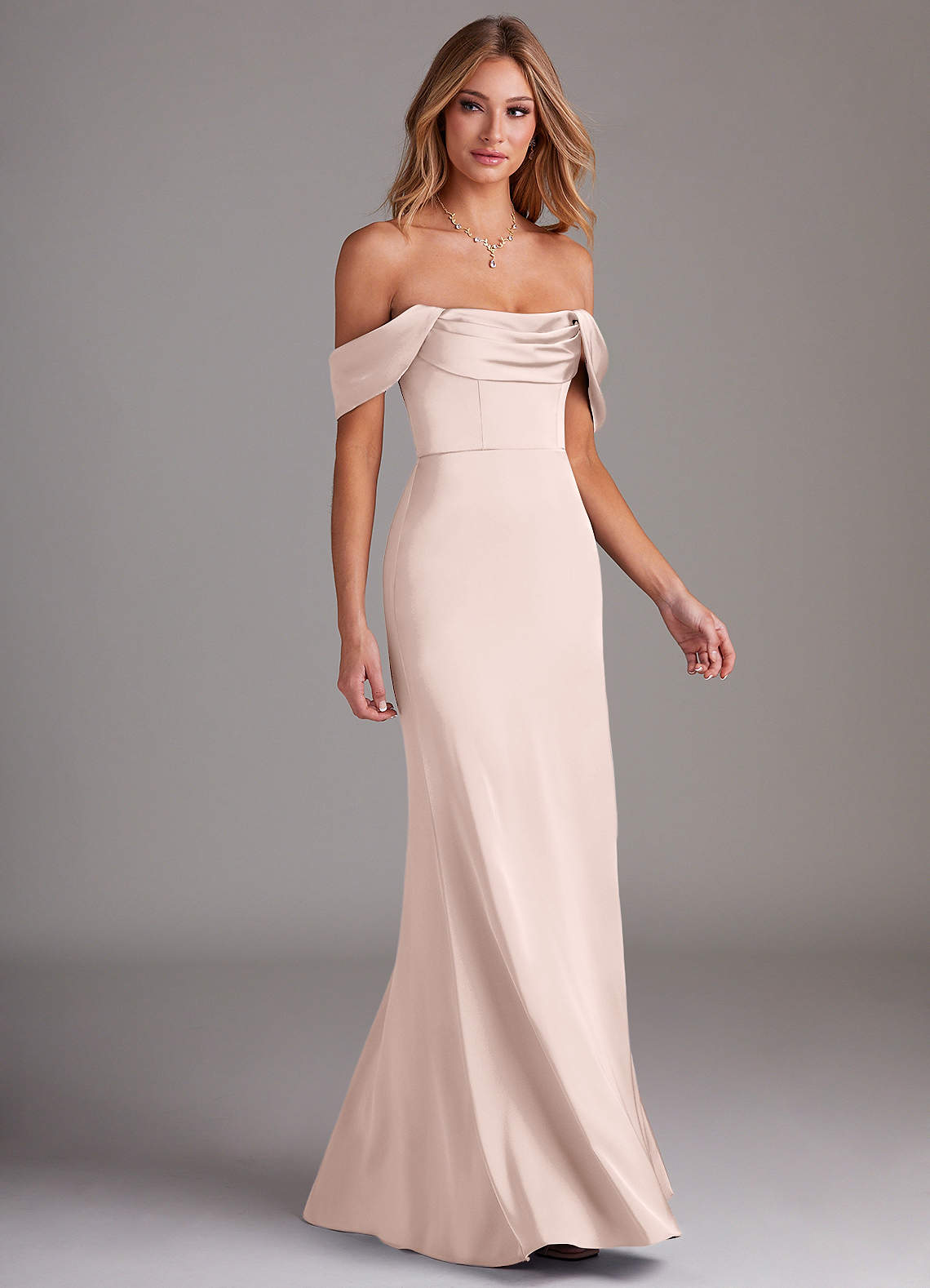 Azazie Saige Bridesmaid Dresses Blushing Pink Sheath Off the Shoulder Stretch Satin Dress image5