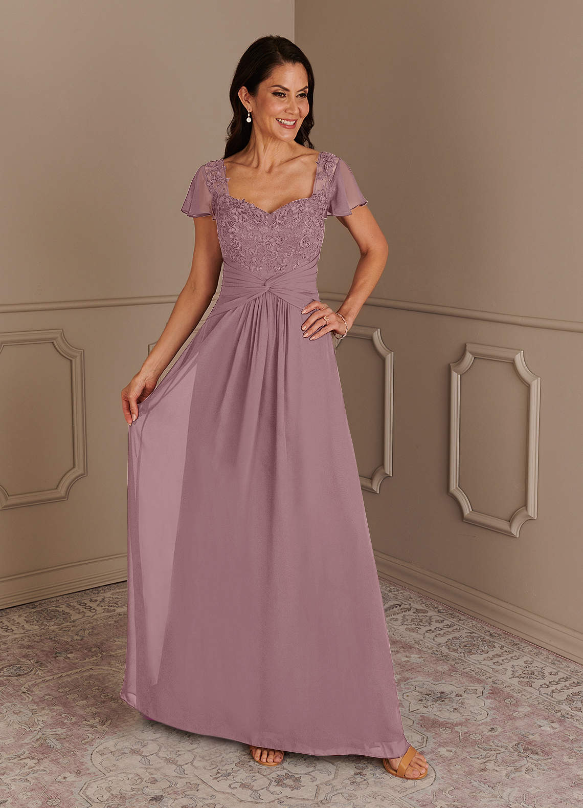 Azazie Gwenyth Mother of the Bride Dresses Dusty Rose A-Line Lace Chiffon Dress image1