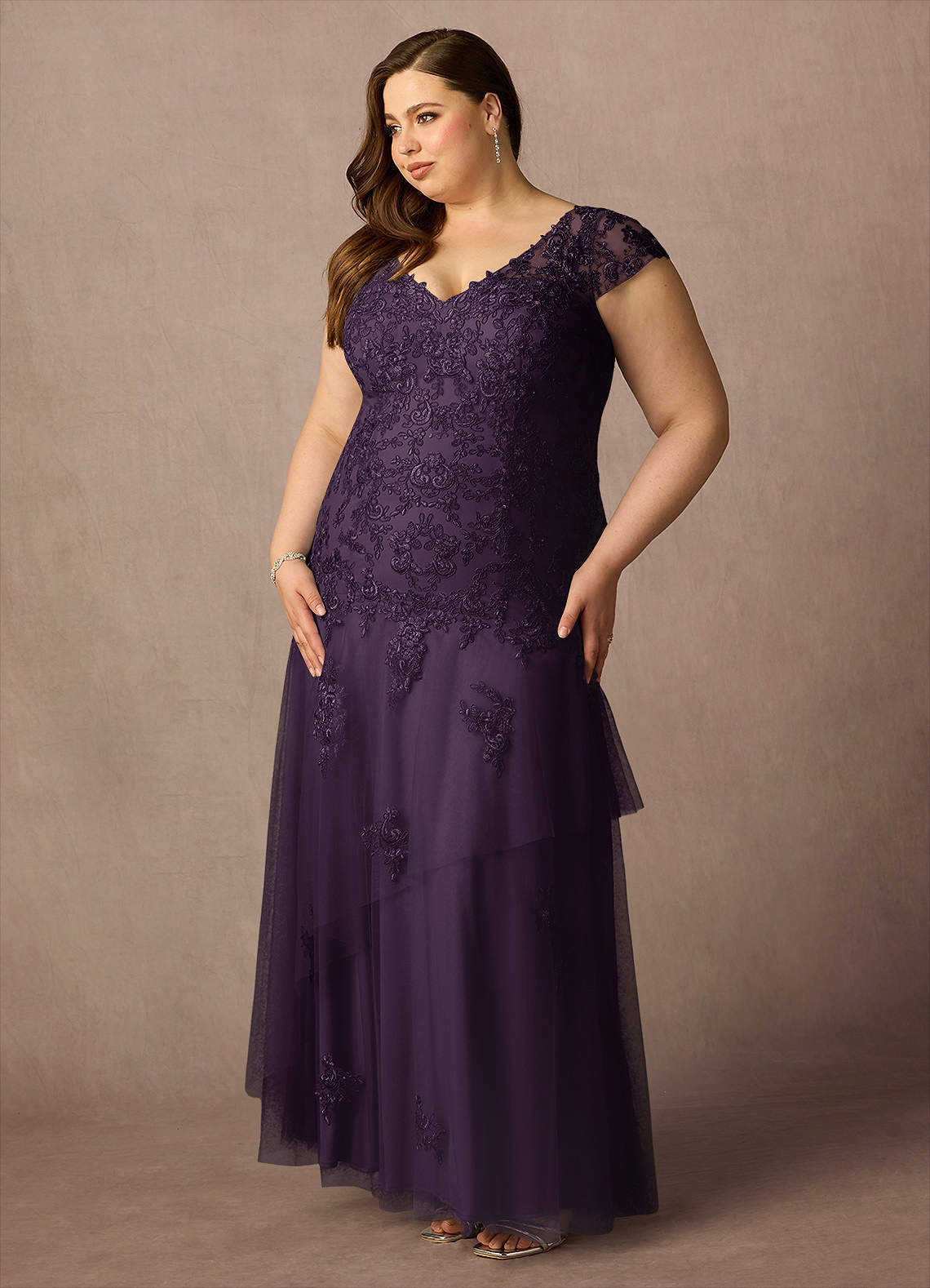 Azazie Romy Plum Mermaid V-Neck Sequins Tulle Dress Ready to Ship