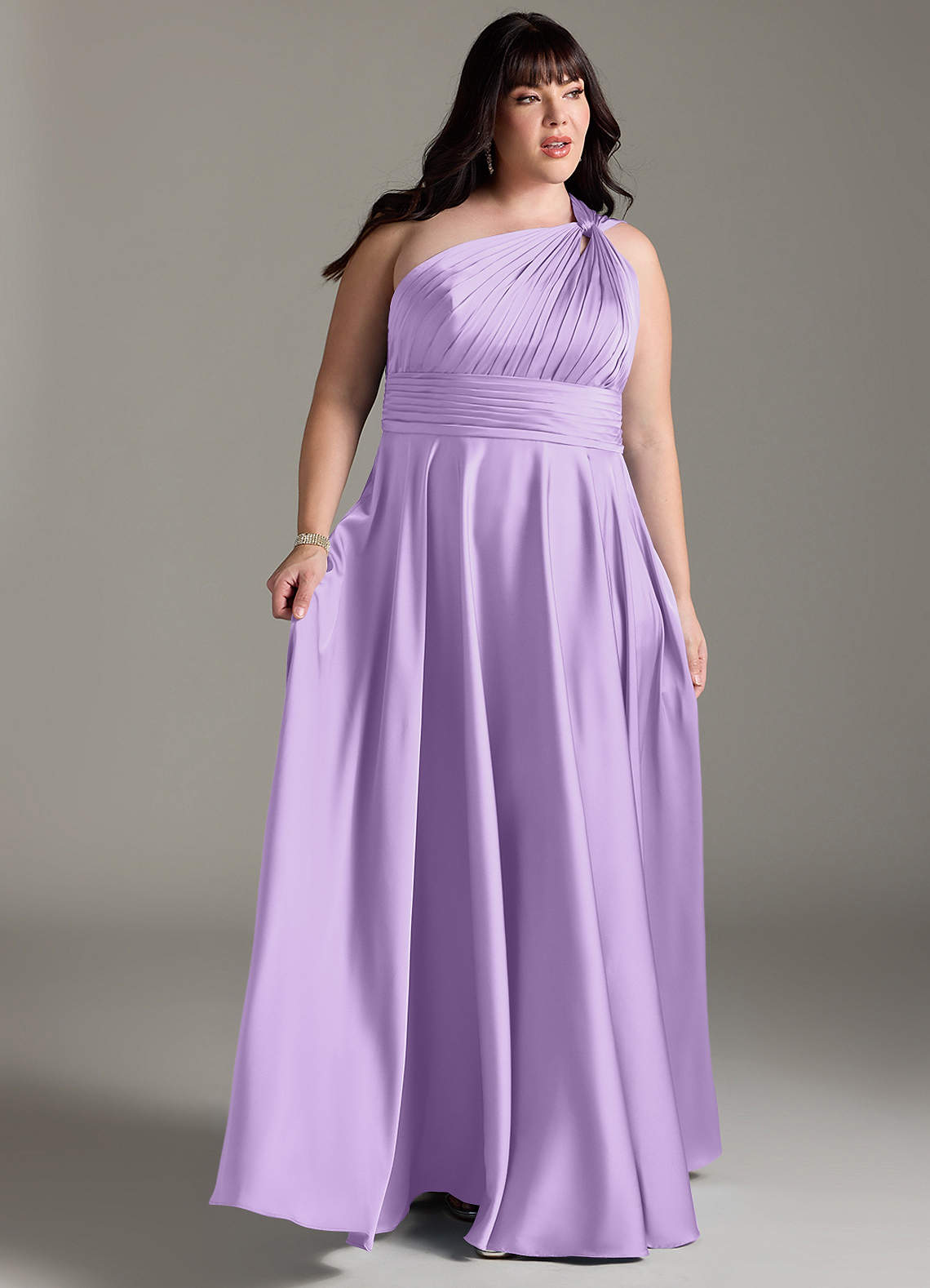 Azazie Charlize Bridesmaid Dresses Lilac A-Line One Shoulder Stretch Satin Dress image10