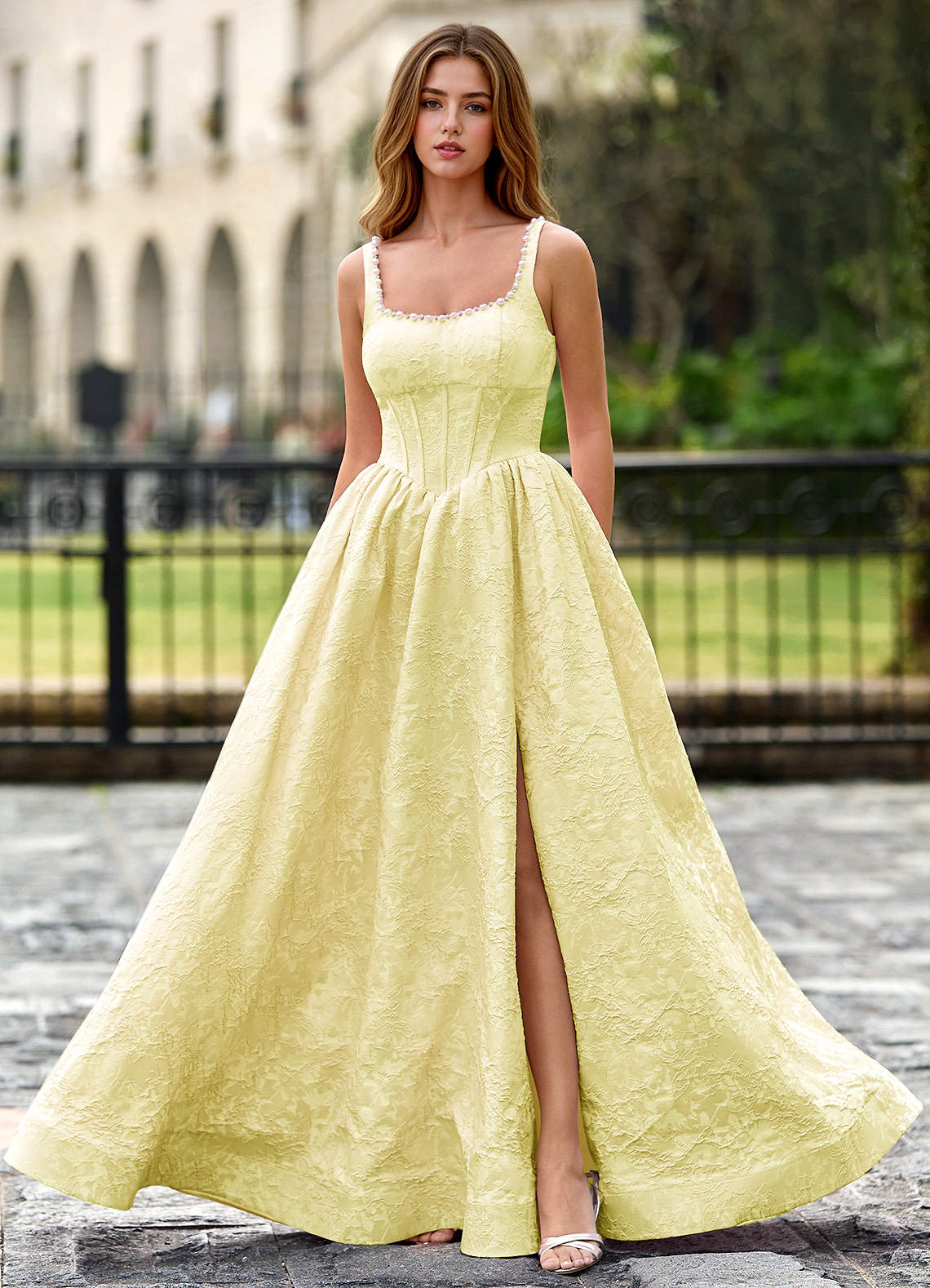 Thyme Jaune Robe de bal trapèze à fleurs 3D image5