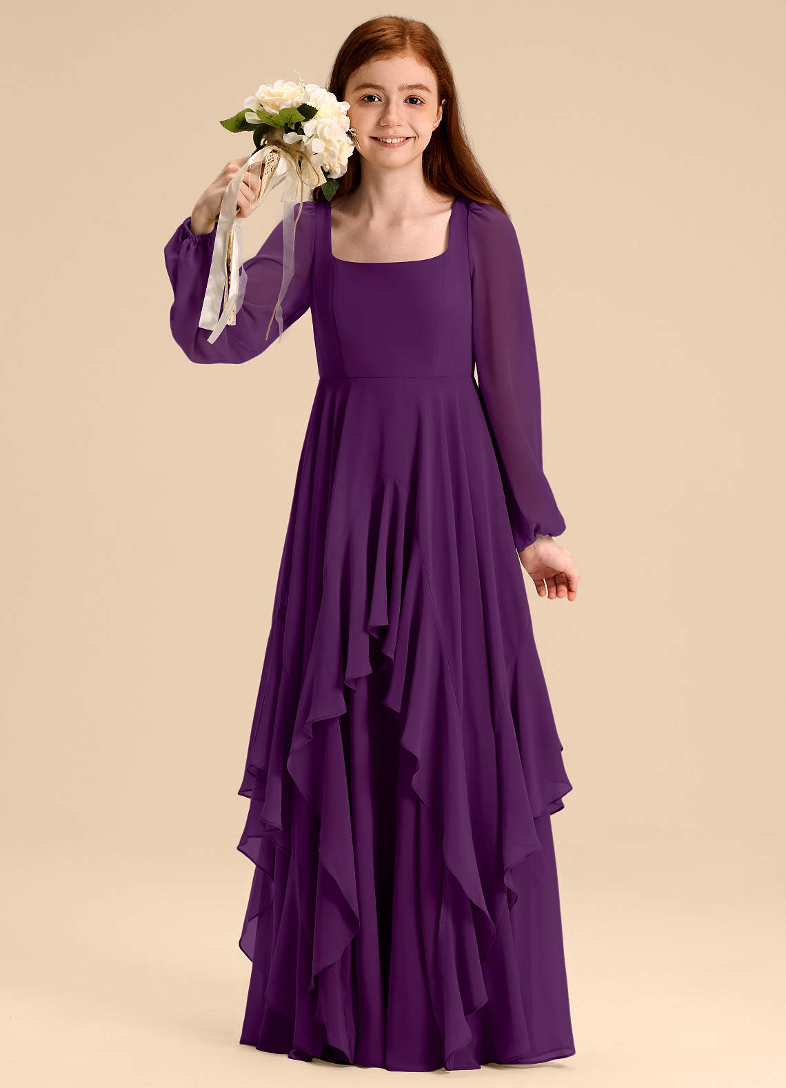Azazie Clara Junior Grape A-Line Blouson Chiffon Dress image1