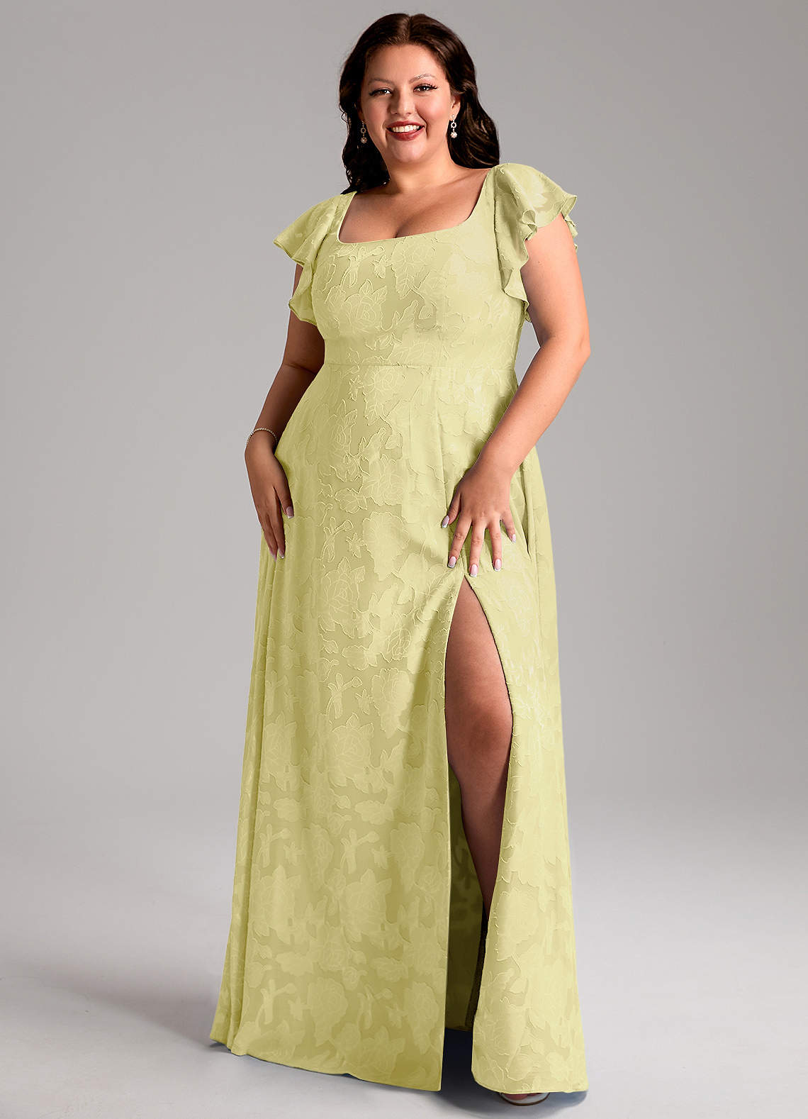 Azazie Bondi Bridesmaid Dresses Lemon Sorbet A-Line Side Slit Floral Burnout Dress image1