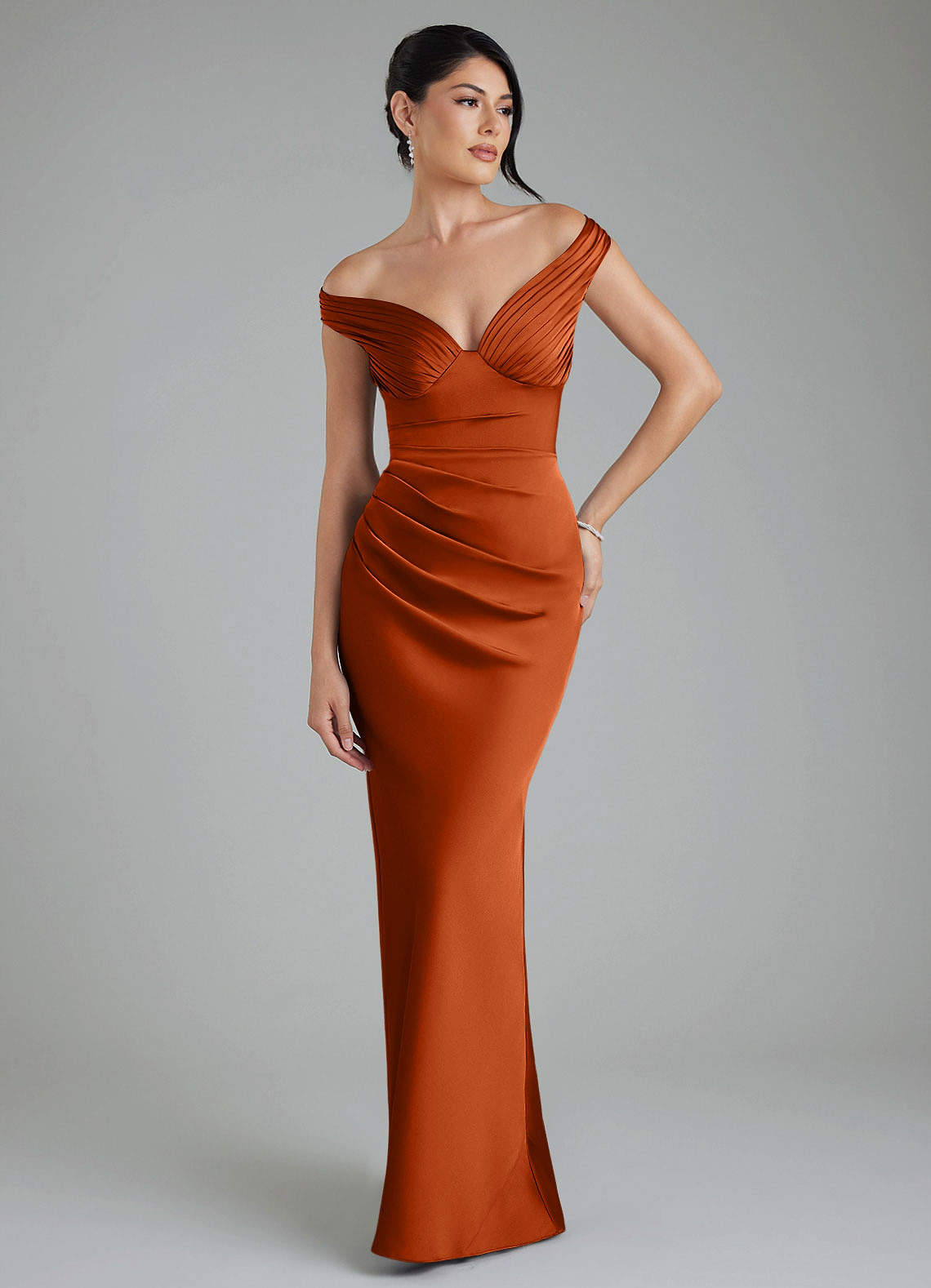 stella orange dress Azazie Stella Burnt Orange Stretch Satin Bridesmaid Dresses