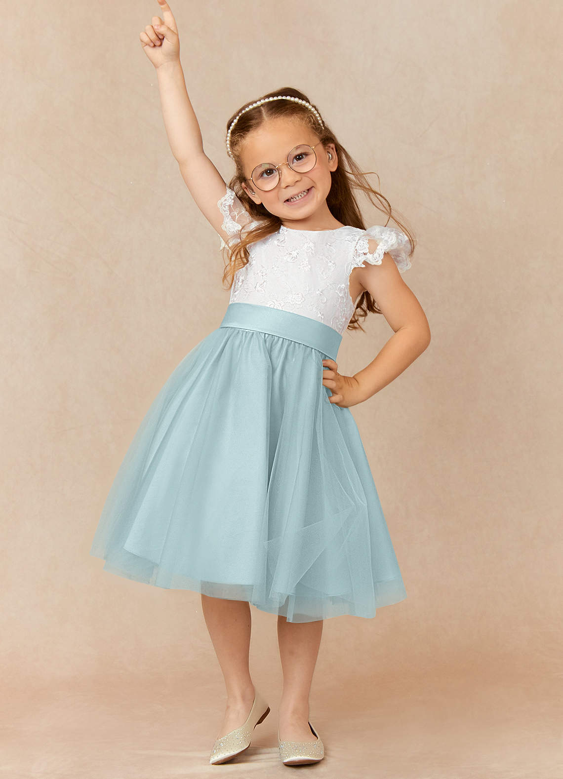 Azazie Vetty Flower Girl Dresses Ivory Mist A-Line Lace Tulle Dress image1