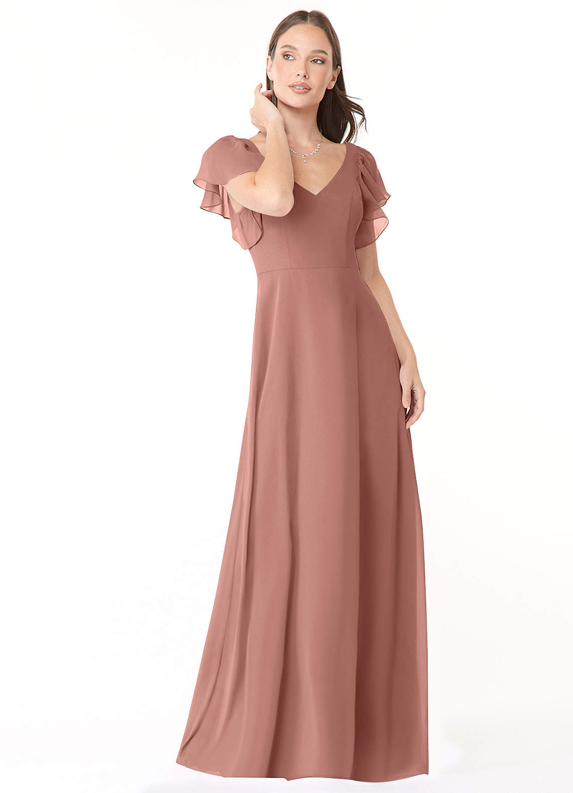 Azazie Syenna 신부 들러리 드레스 A라인 쉬폰 플로어 길이 드레스 image1