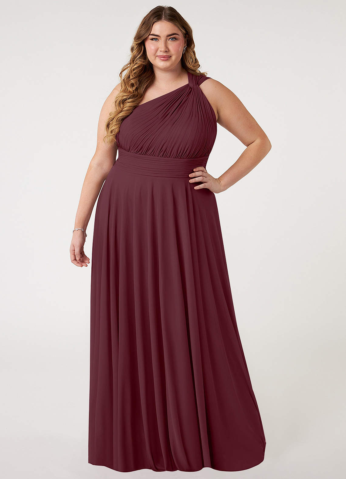 Azazie Charlize Vestidos de damas de honor Vestido de Cabernet de Malla de Corte en A con Hombro unilateral image5