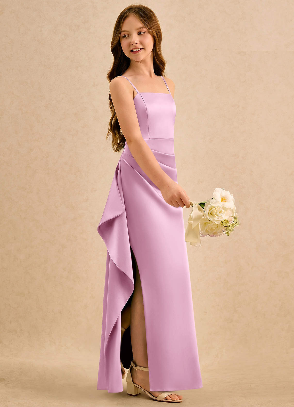 candy pink formal dress Azazie A-Line/Princess Straight Floor-Length Stretch Satin Girl Dresses Fabric Classification:RAYON
