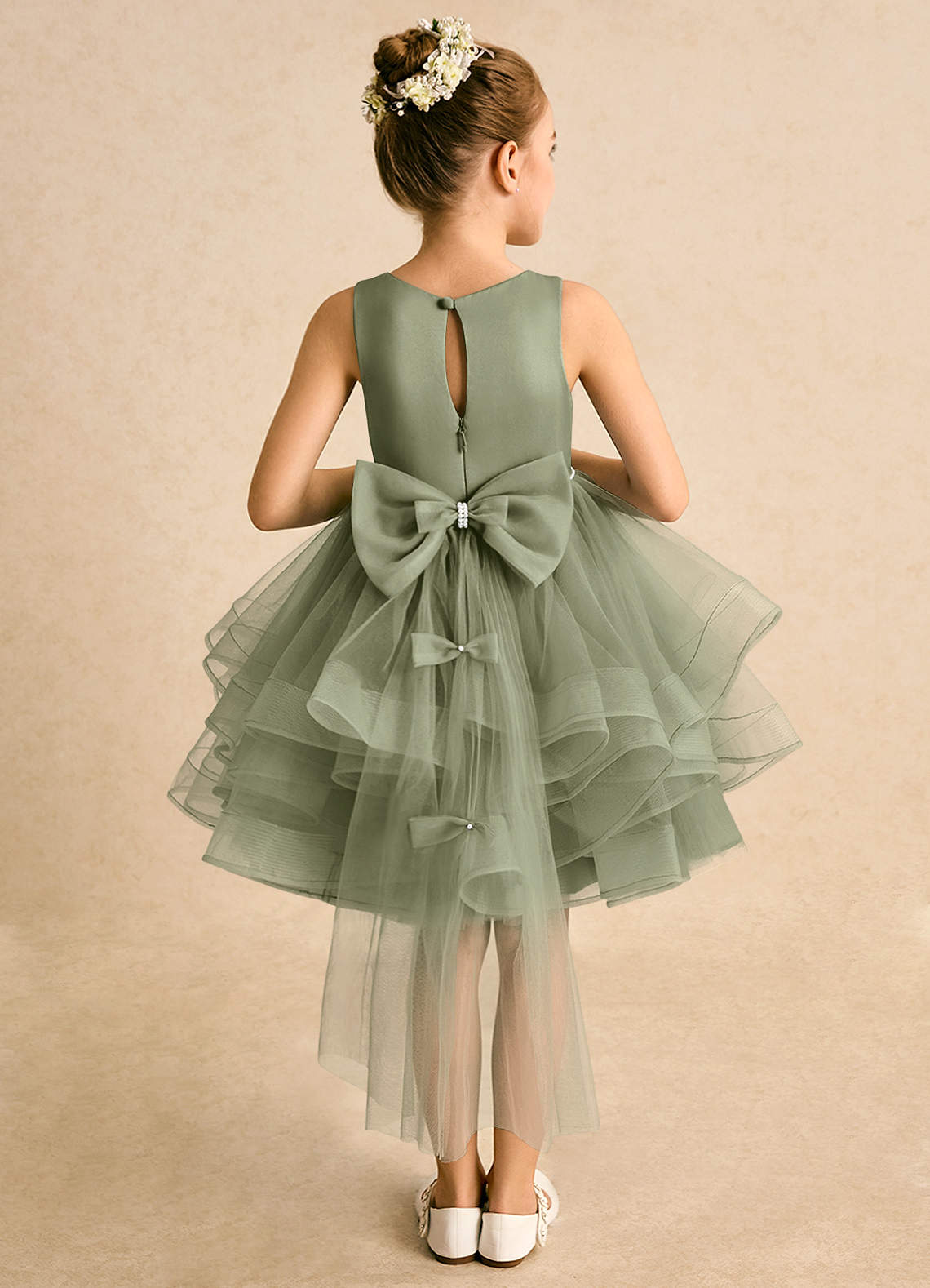 Azazie Tinie Blumenmädchenkleider Ballkleid Schleifen Tüll Kleid Pistazie image1