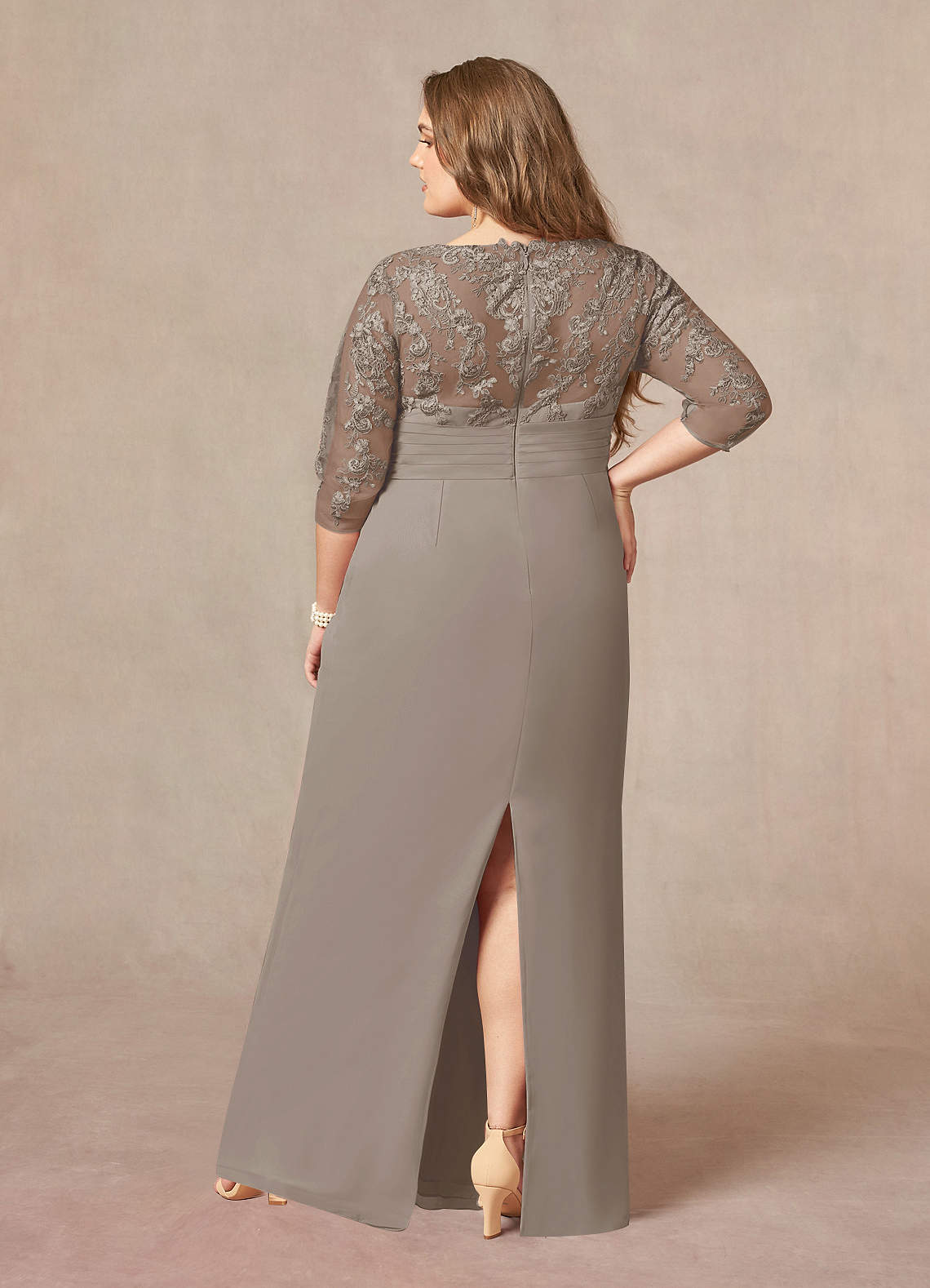 Lace Top Sheath Dress with Cascading Ruffles Taupe