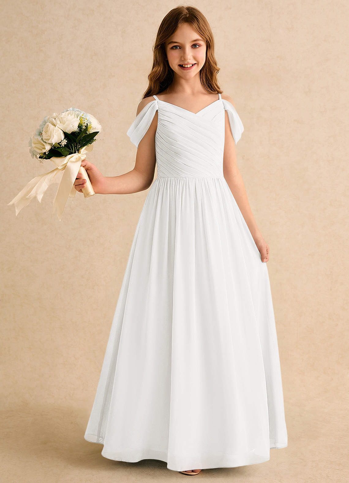 Azazie Chelo Girls Formal Ivory A-Line Pleated Chiffon Dress