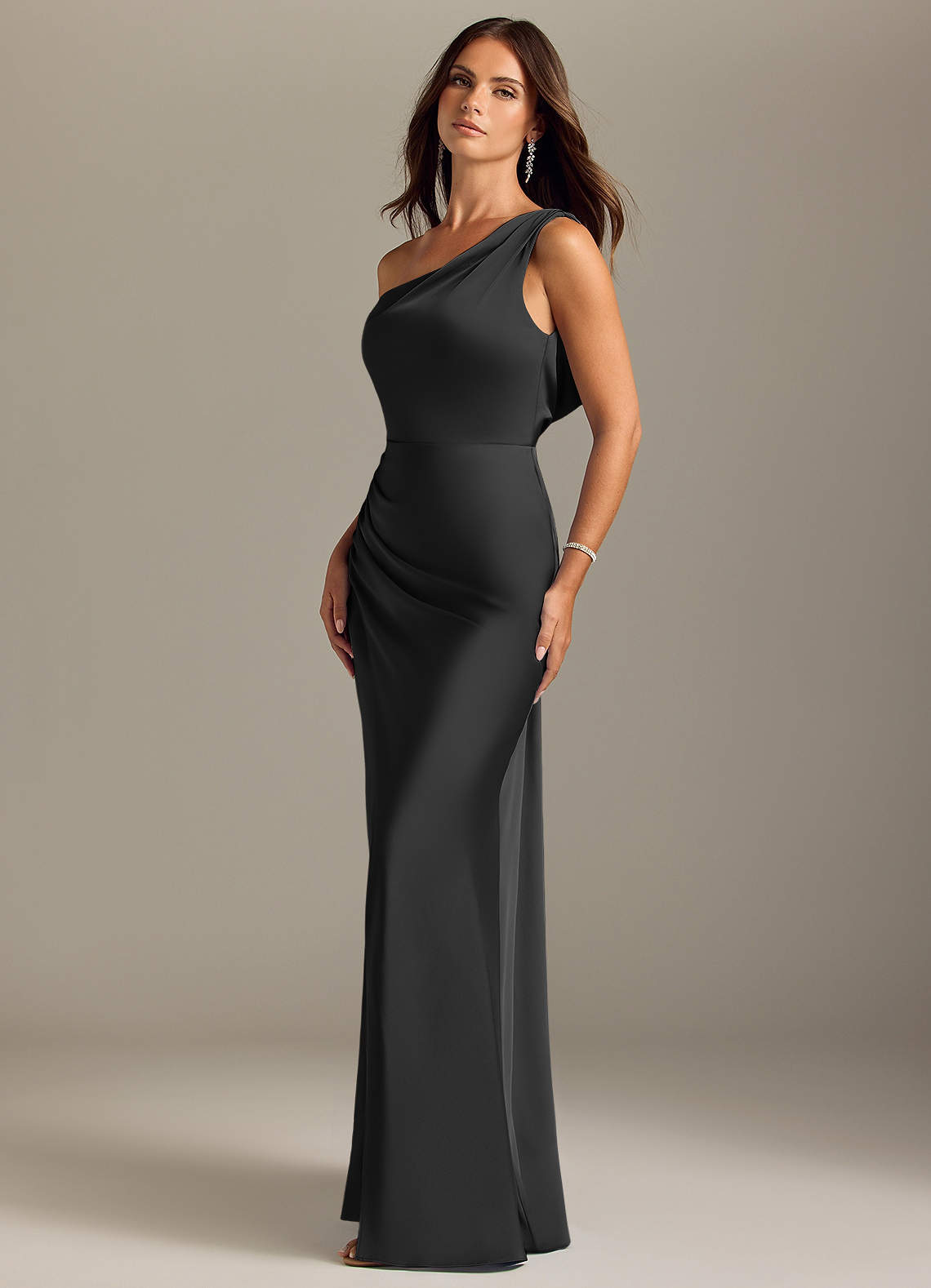 Azazie Madelyn Bridesmaid Dresses Black Mermaid Off the Shoulder Stretch Satin Convertible Dress image2