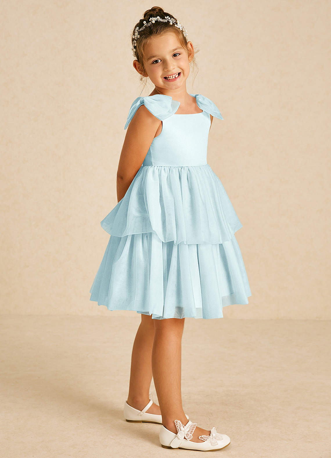 Azazie Vanellope Flower Girl Dresses Sea Glass A-Line Bow Tulle Dress image1