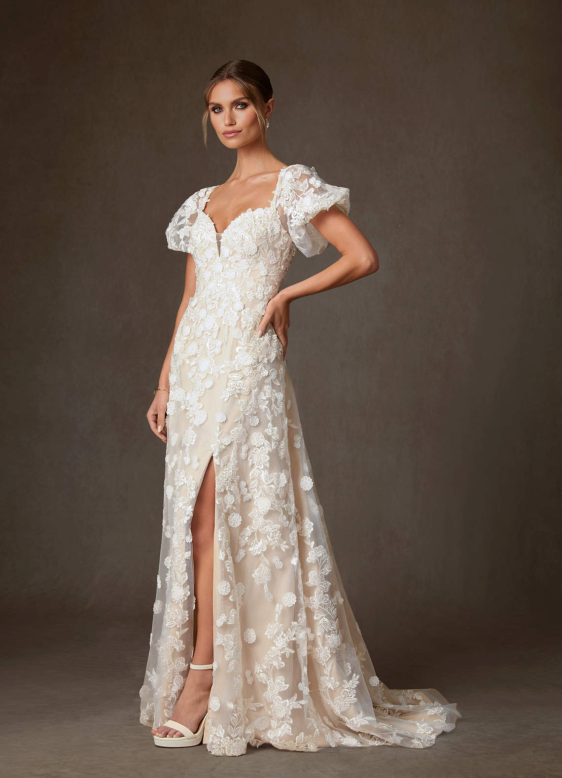 Azazie Vivienne Wedding Dresses Diamond White Champagne A-Line Sweetheart Lace Dress image3