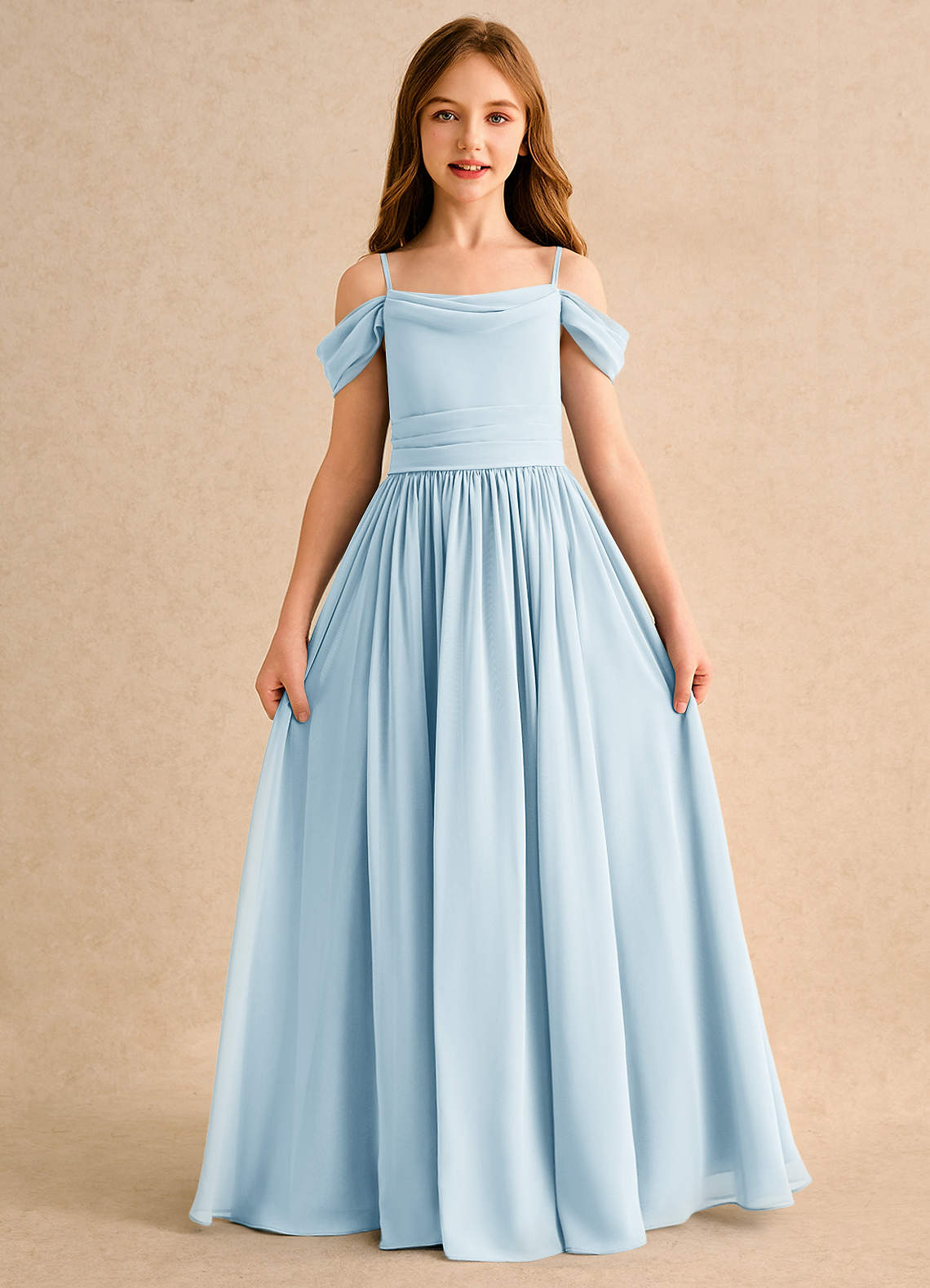 Azazie Shia Girls Formal Vestidos de florista Vestido Céu Azul de Chiffon de Linha A com Fora do ombro image4