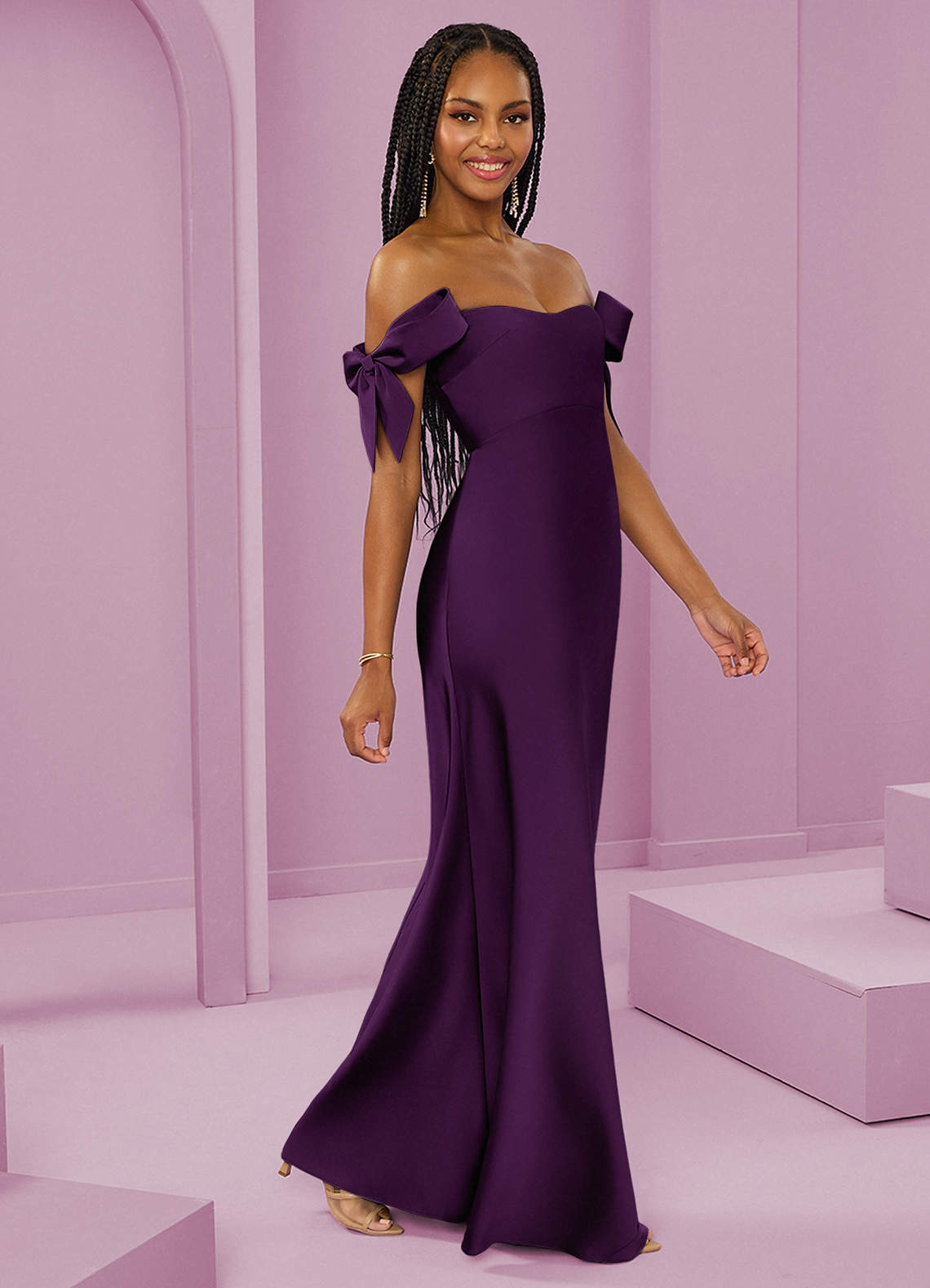 Barbie ♥ Azazie Bridesmaid Dresses Grape Sheath Off the Shoulder Stretch Satin Convertible Dress image1