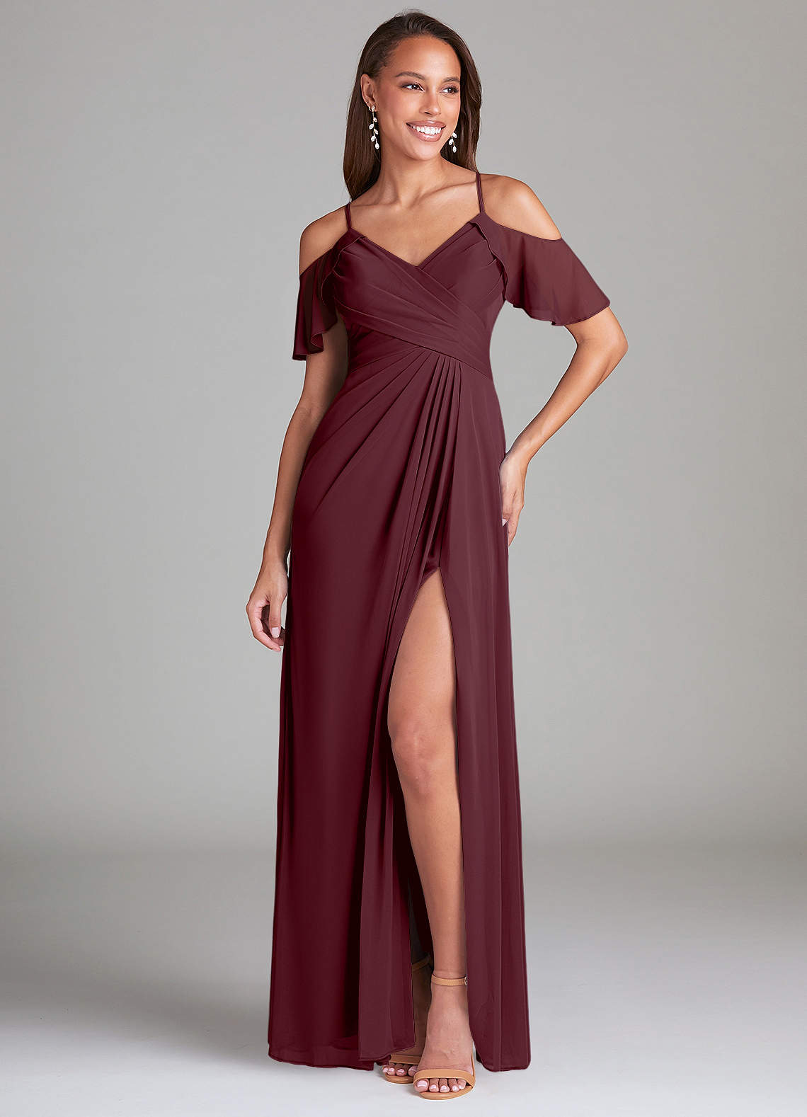 Azazie Dakota Bridesmaid Dresses Cabernet A-Line Off the Shoulder Mesh Dress image1