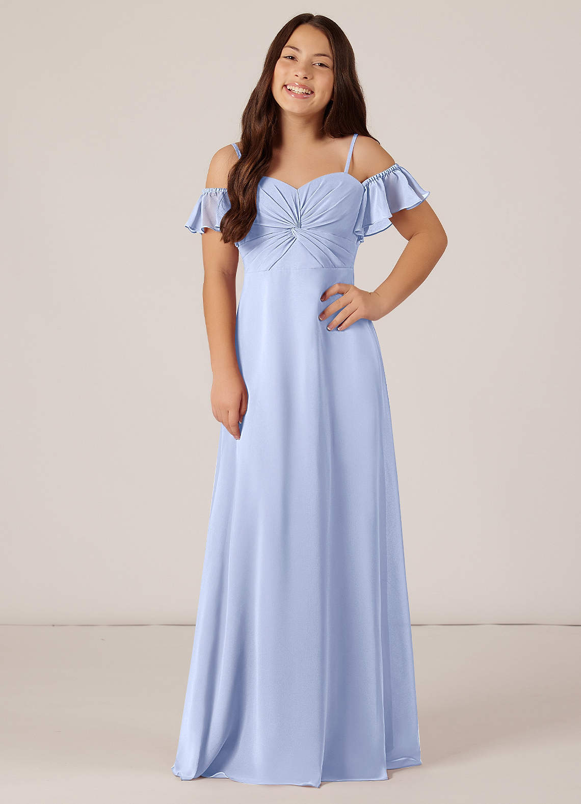 Azazie Juna Junior Robe Trapèze en Mousseline de soie Épaule décolletée Eis image1